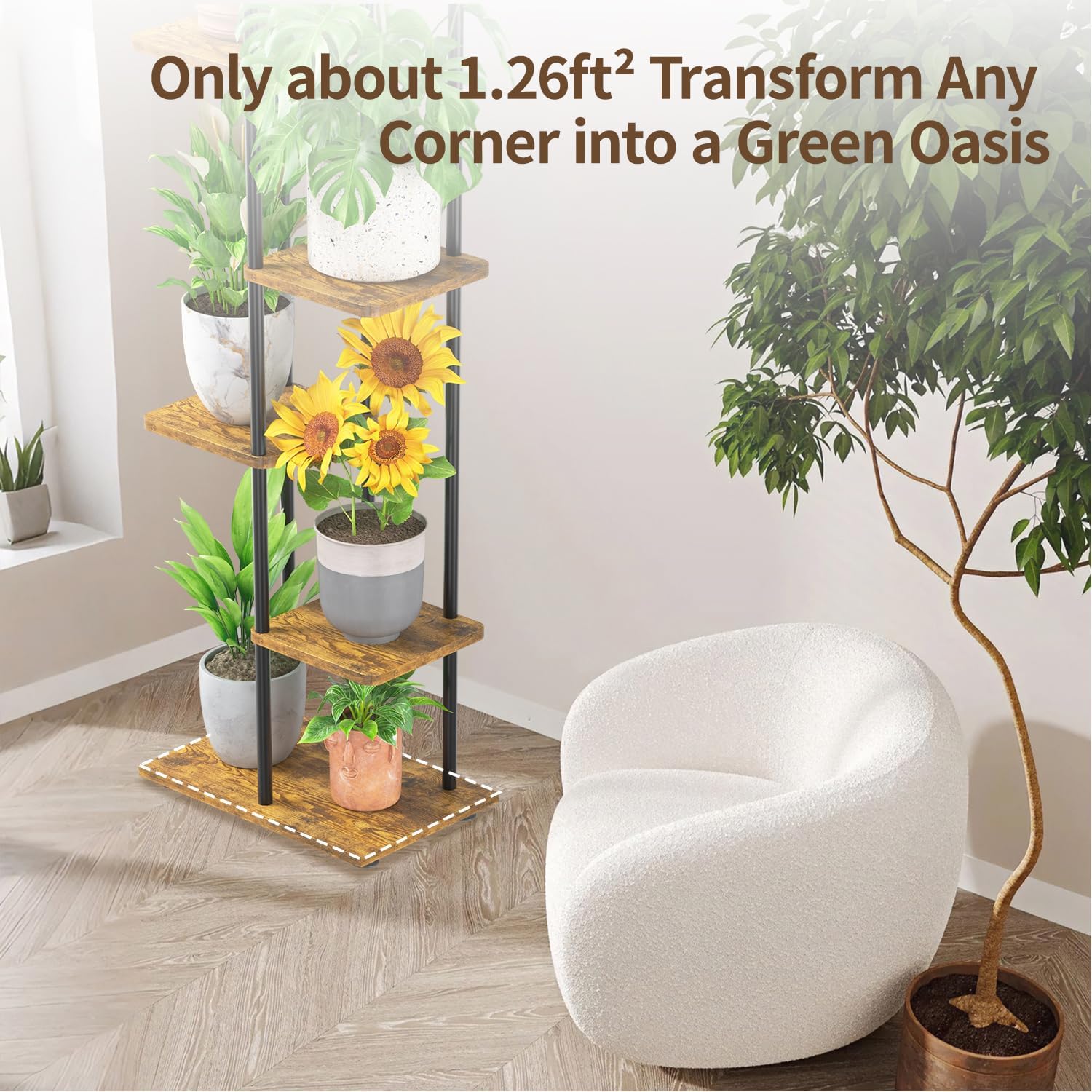 Thumbnail 4 de LASZOLA 5-Tier Indoor Plant Stand, Metal Frame and Wood Shelves