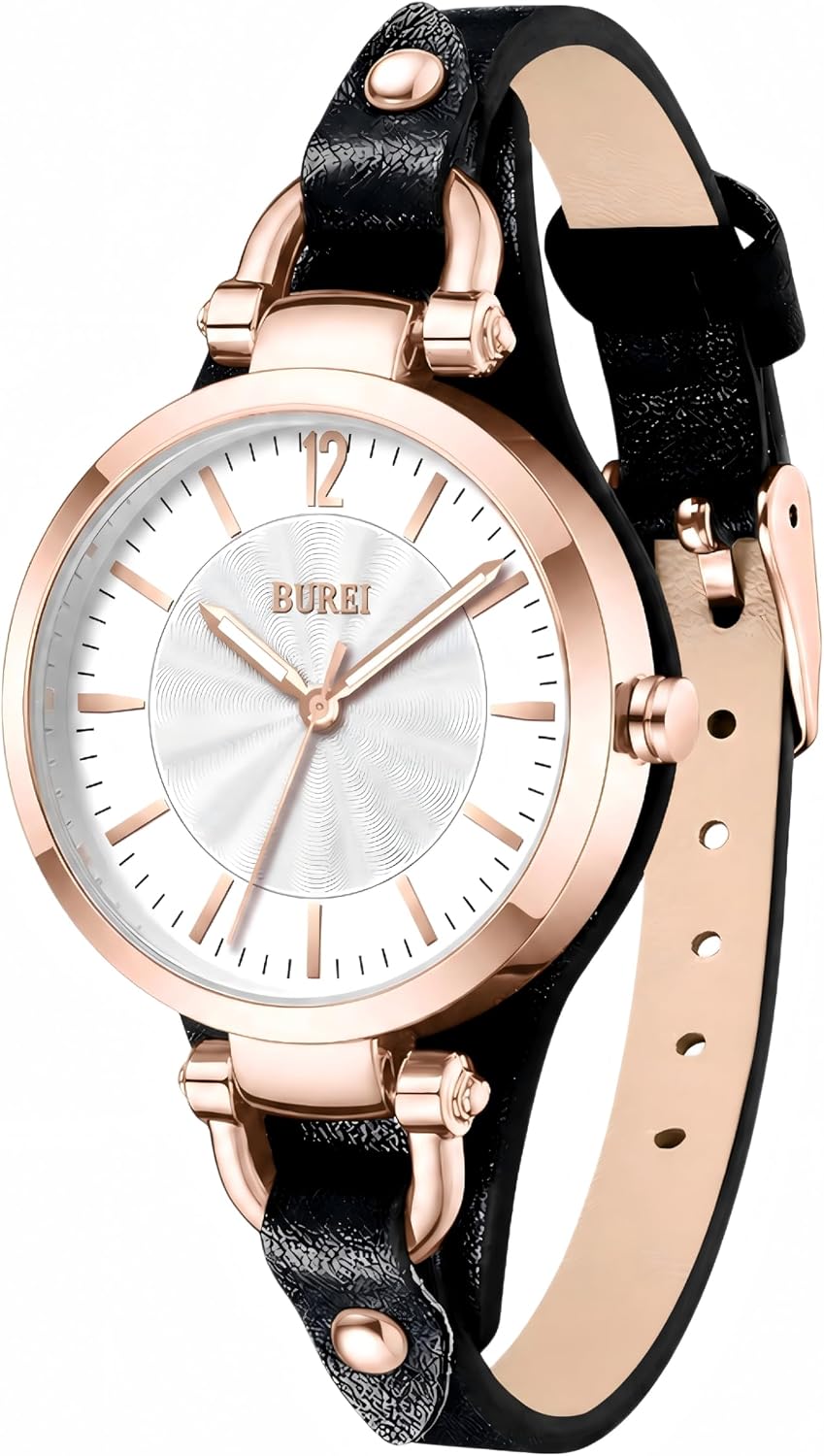 Detalle de BUREI Montre bracelet en cuir pour femme – Élégante montre analogique quartz, bracelet 8 mm
