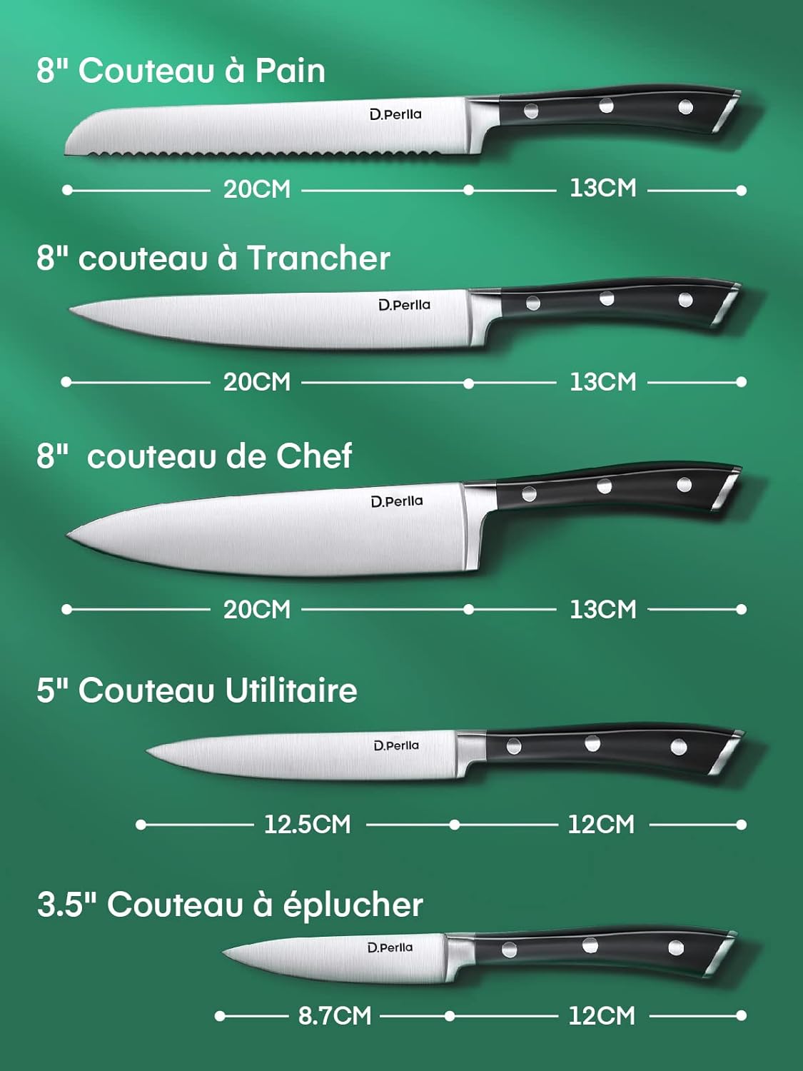 Thumbnail 1 de Set de 6 couteaux de cuisine D.Perlla avec bloc en bois et lames en acier inoxydable (Allemagne)