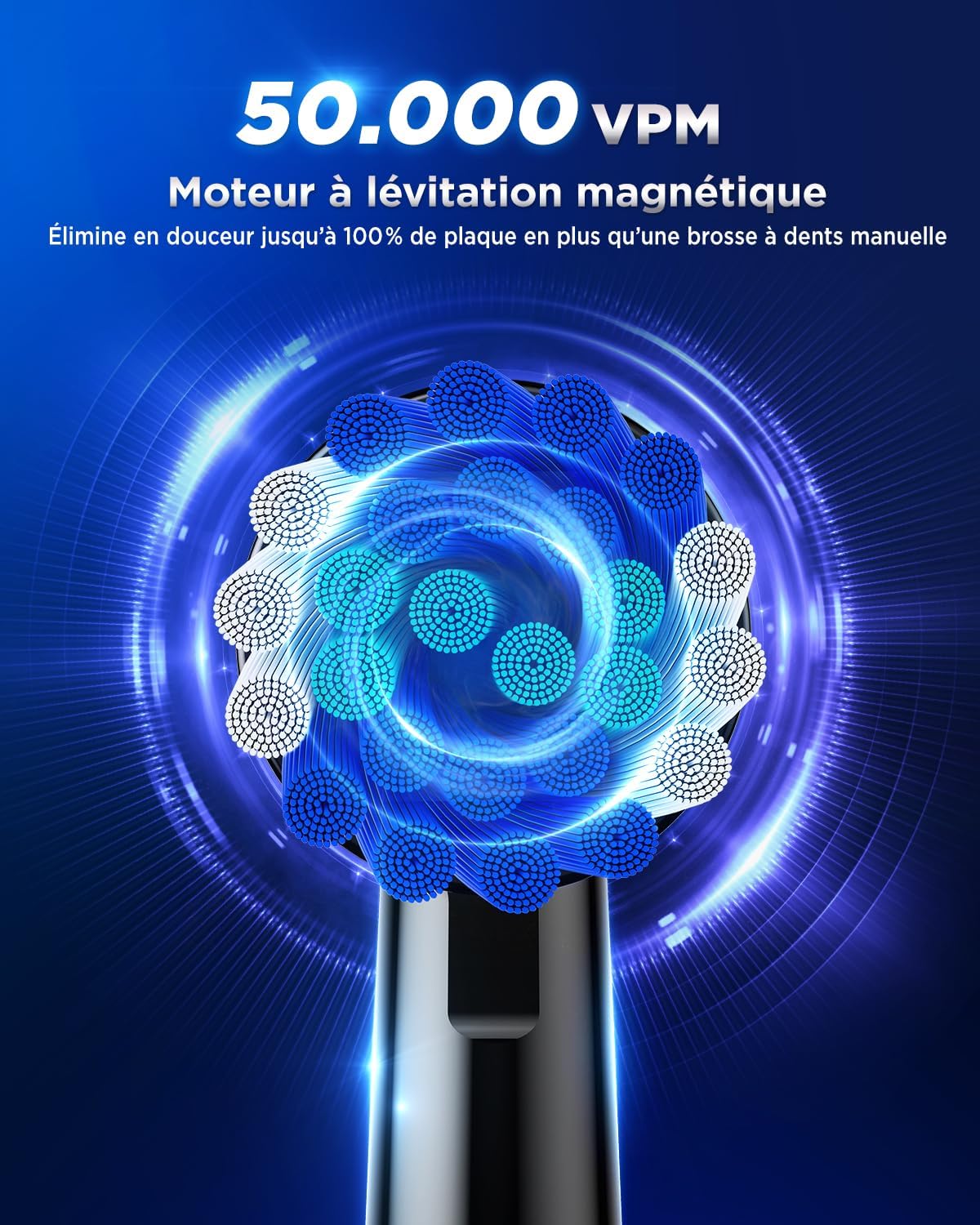 Detalle de YTEATH PRO: Brosse À Dent Électrique Rotative pour Adultes — 5 Modes, 3 Intensités, 8 Têtes, IPX7, Noir Profond