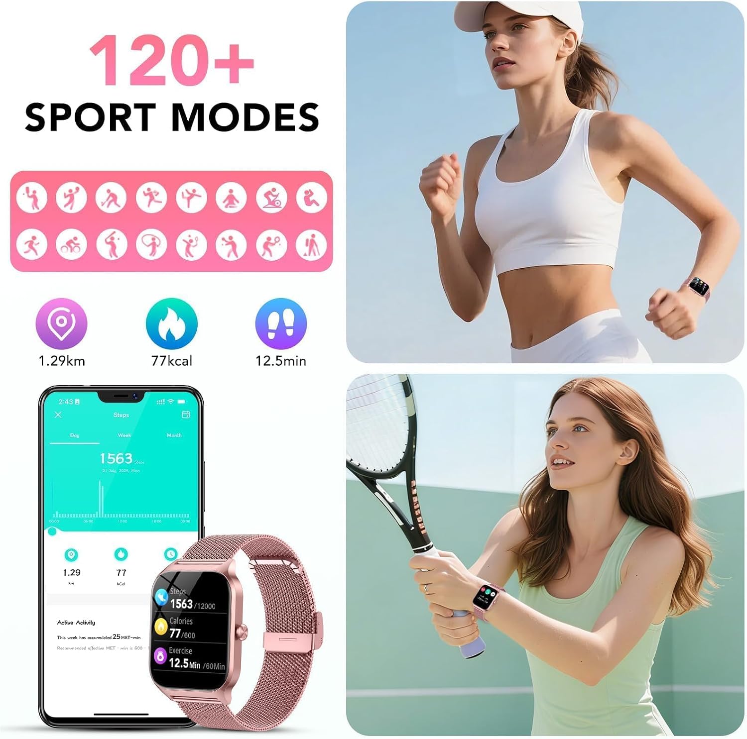 Thumbnail 3 de CASCHO Smart Watches for Women, 1.85" HD Display, 120+ Sports Modes and Bluetooth Calling – Rose Gold (Model 3)