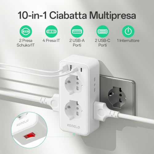 Thumbnail 1 de Presa Multipla KEMELO 10 in 1: 6 prese ITA/Schuko + 2 USB A + 2 USB C, design da parete slim