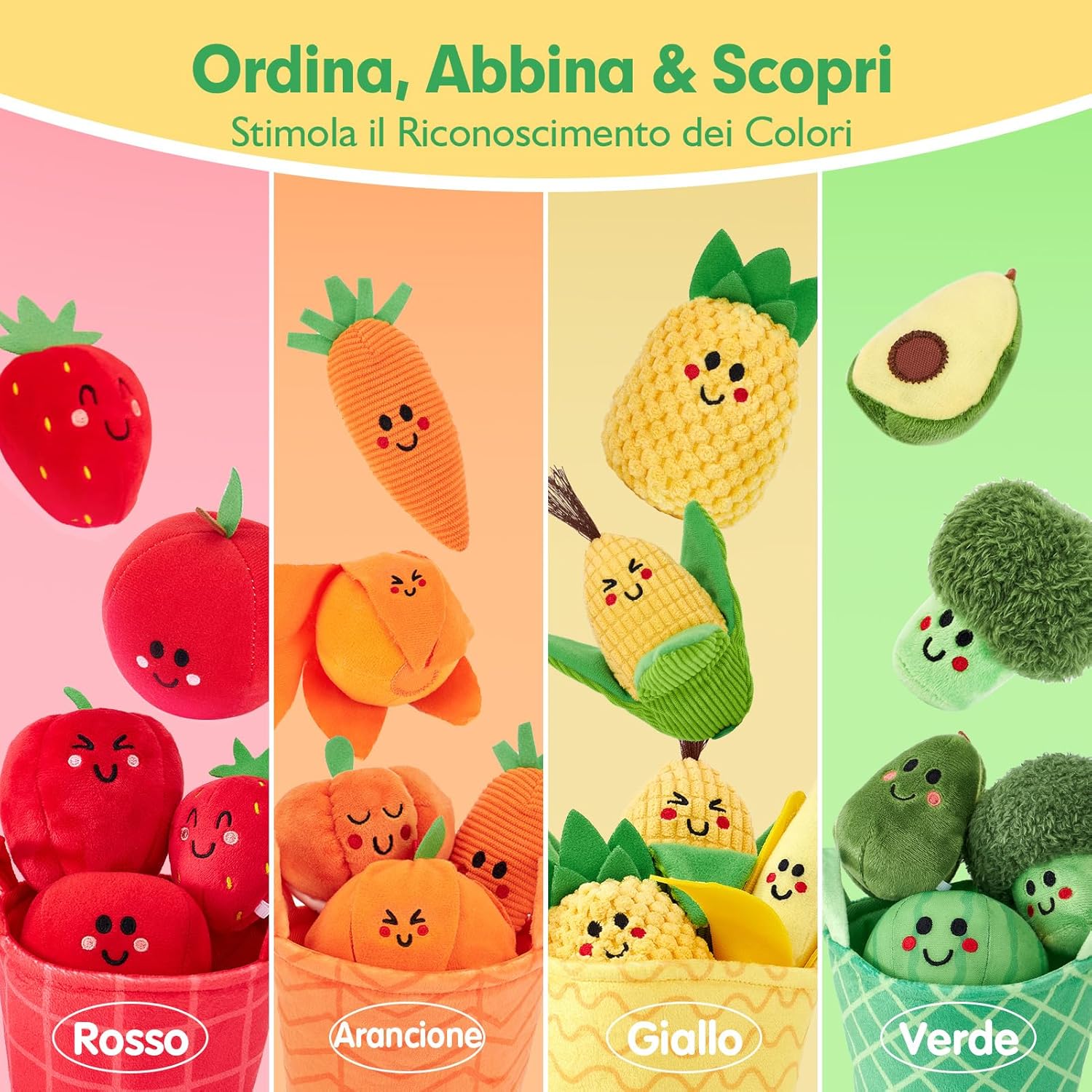 Detalle 2 de hahaland Giochi Montessori 6 mesi: 16 pezzi frutta e verdura in peluche con sonaglio e cestino