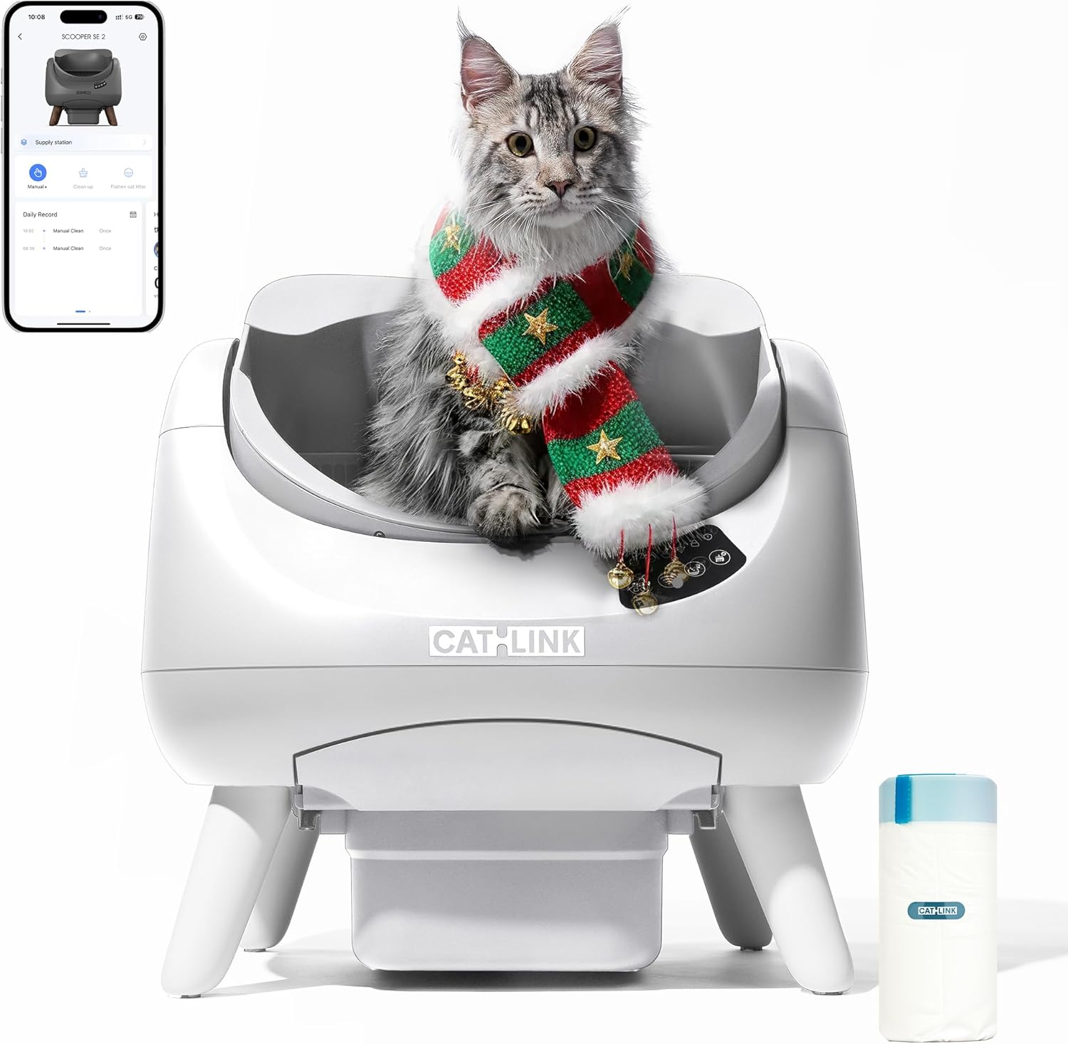 CATLINK Litière autonettoyante pour chat — Bac à litière automatique à grande ouverture 12L (Blanc)