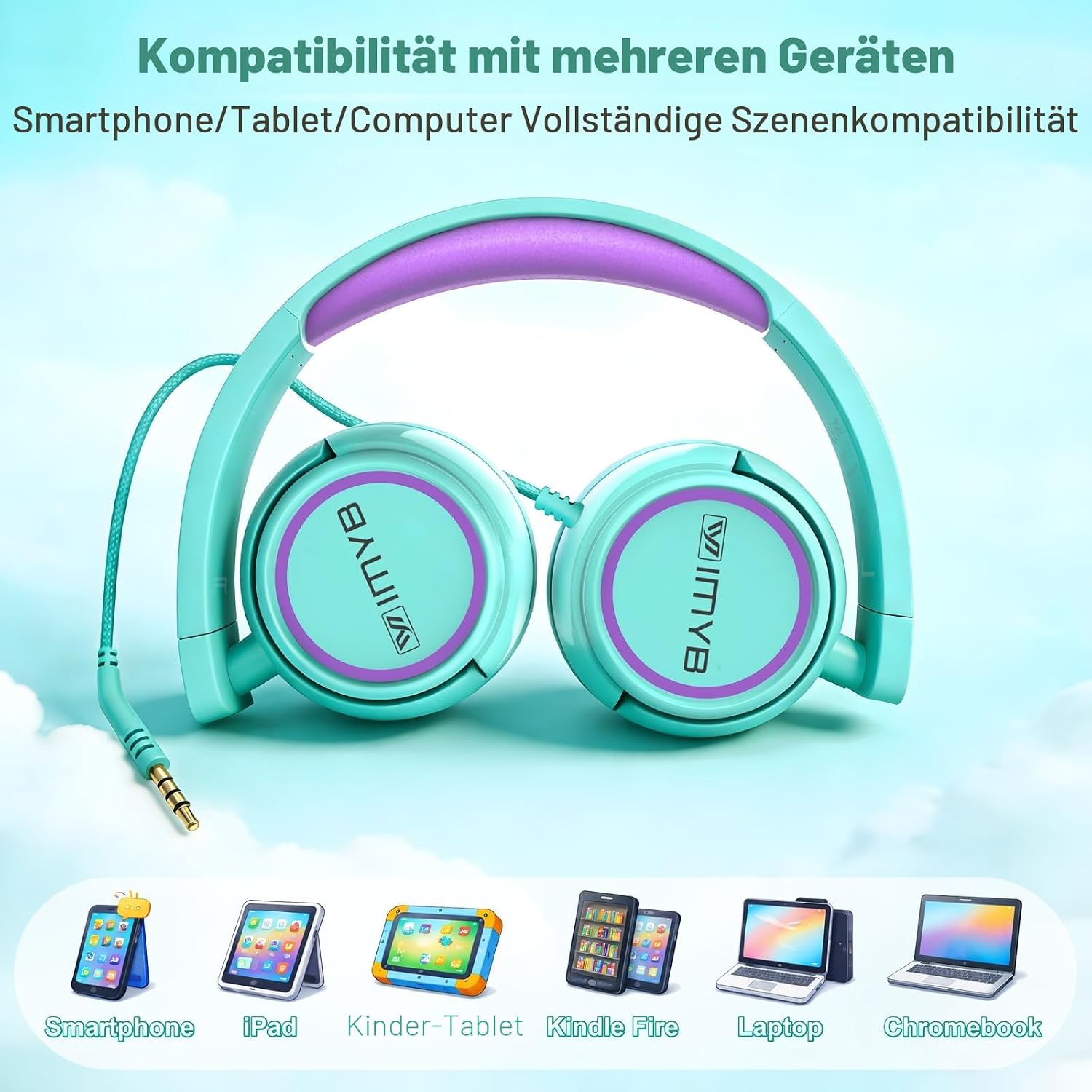 Thumbnail 6 de IMYB Kinderkopfhörer mit Kabel, 3,5 mm, 60 g, Grün