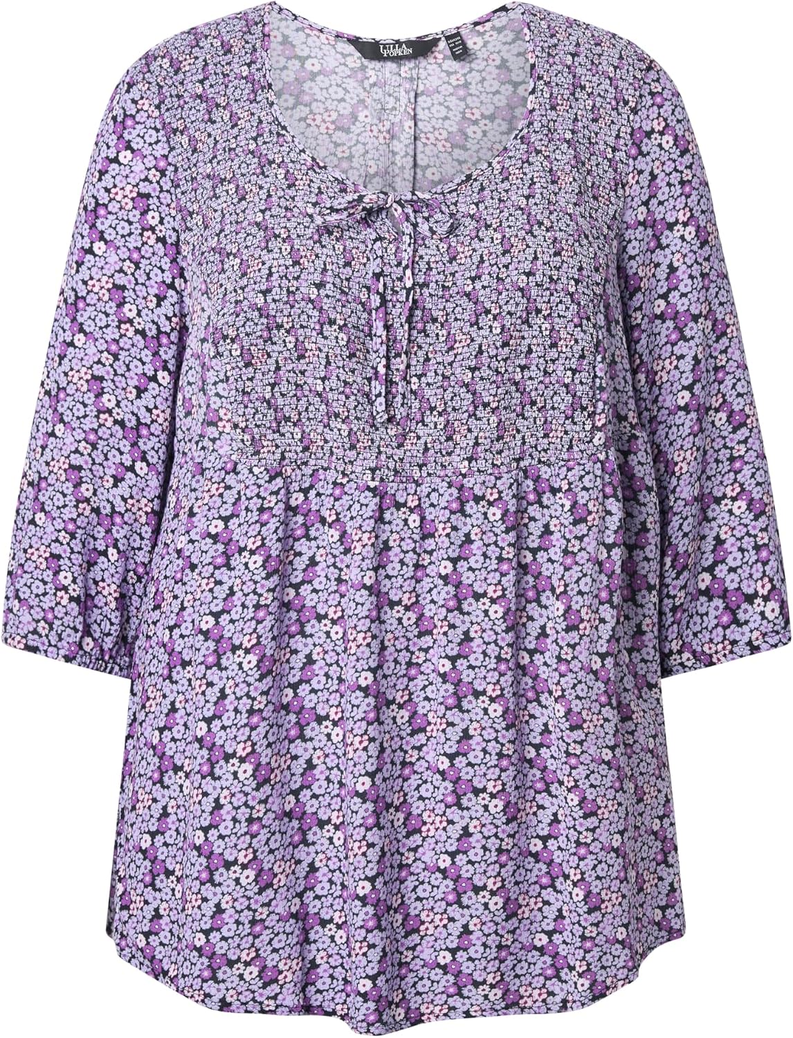 Detalle de Ulla Popken Smokbluse Große Größen – Blütenprint, A-Linie, Rundhals, 3/4-Arm