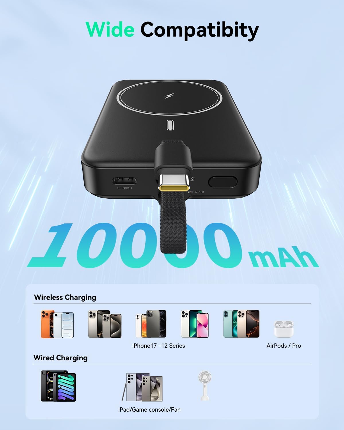 Detalle de GREPRO Magnetic Power Bank 10000mAh with 22.5W USB-C Cable — MagSafe compatible