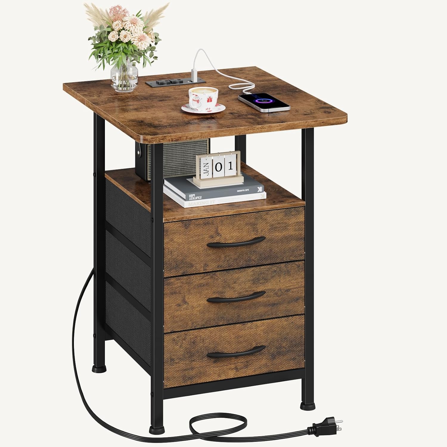 Detalle de GYIIYUO Nightstand with 3 Fabric Drawers, Charging Station, Rustic Brown