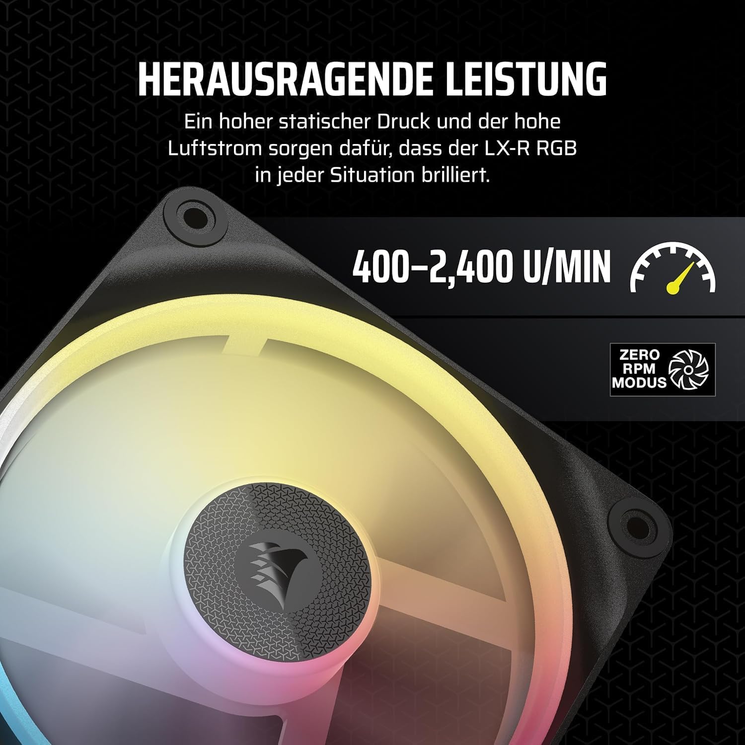 Detalle 2 de CORSAIR iCUE LINK LX120-R RGB 120mm PWM-Umkehrlüfter (Dreifach-Kit) – geräuscharm, Null-Drehzahl-Modus, RGB im Doppelring