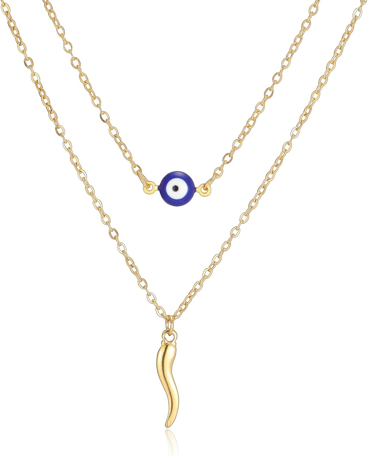 VASSAGO Evil Eye Necklace with Italian Horn Pendant – Layered Turkish Blue Eye Protection Jewellery