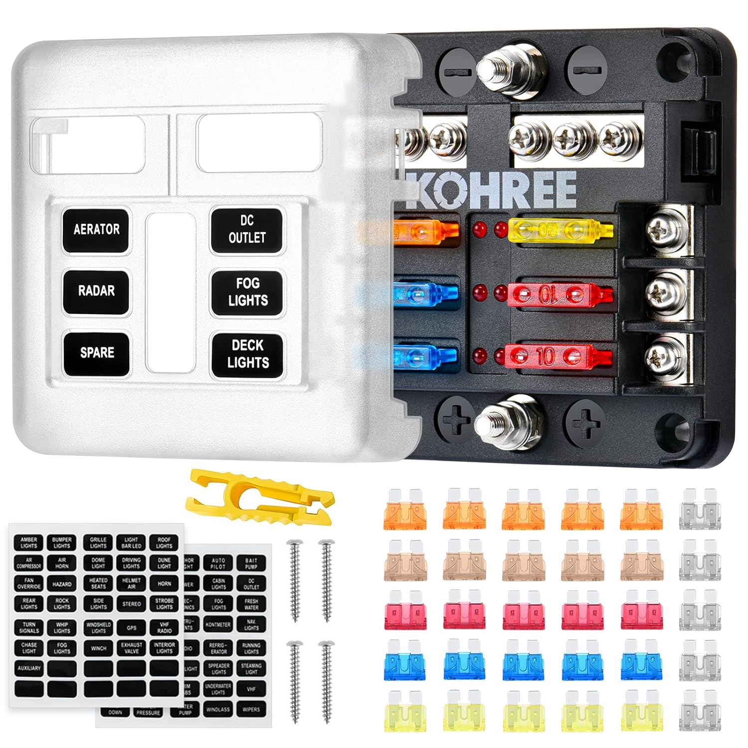 Detalle de Kohree 6-fach KFZ-Sicherungshalter 12V/24V DC Sicherungskasten 100A mit LED-Anzeige und 30 Flachsicherungen