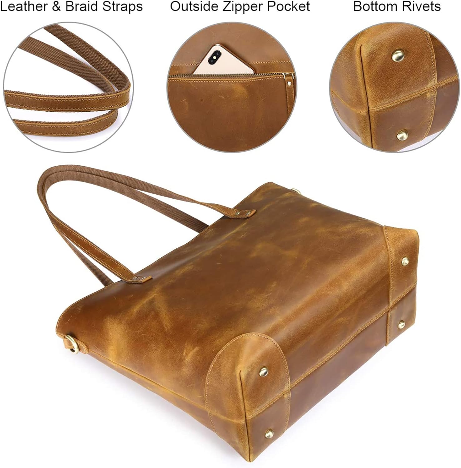 Detalle de S-ZONE Sac fourre-tout vintage 3 façons en cuir Crazy Horse – Main et bandoulière, femme