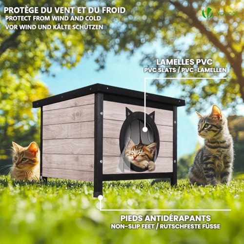 Thumbnail 2 de VOUNOT Casetta per Gatti in Legno con Porta Design Orecchie di Gatto, 57 x 45 x 43 cm, Grigio – Cuccia da Esterno con Porta e Tetto