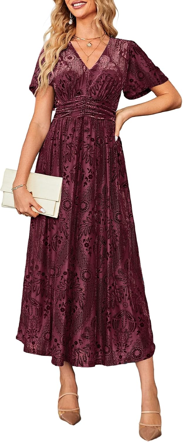 Detalle de Simplee M22DR0215 Women's Velvet Maxi Dress, V-Neck, Short Sleeves