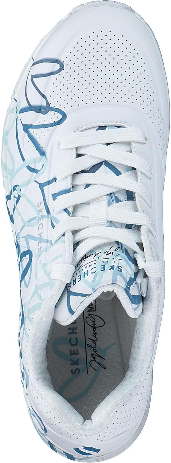 Detalle de Skechers Damen UNO Spread the Love Trainer – White Duraleather, Blue Heart Print Trim, Größe 39 EU