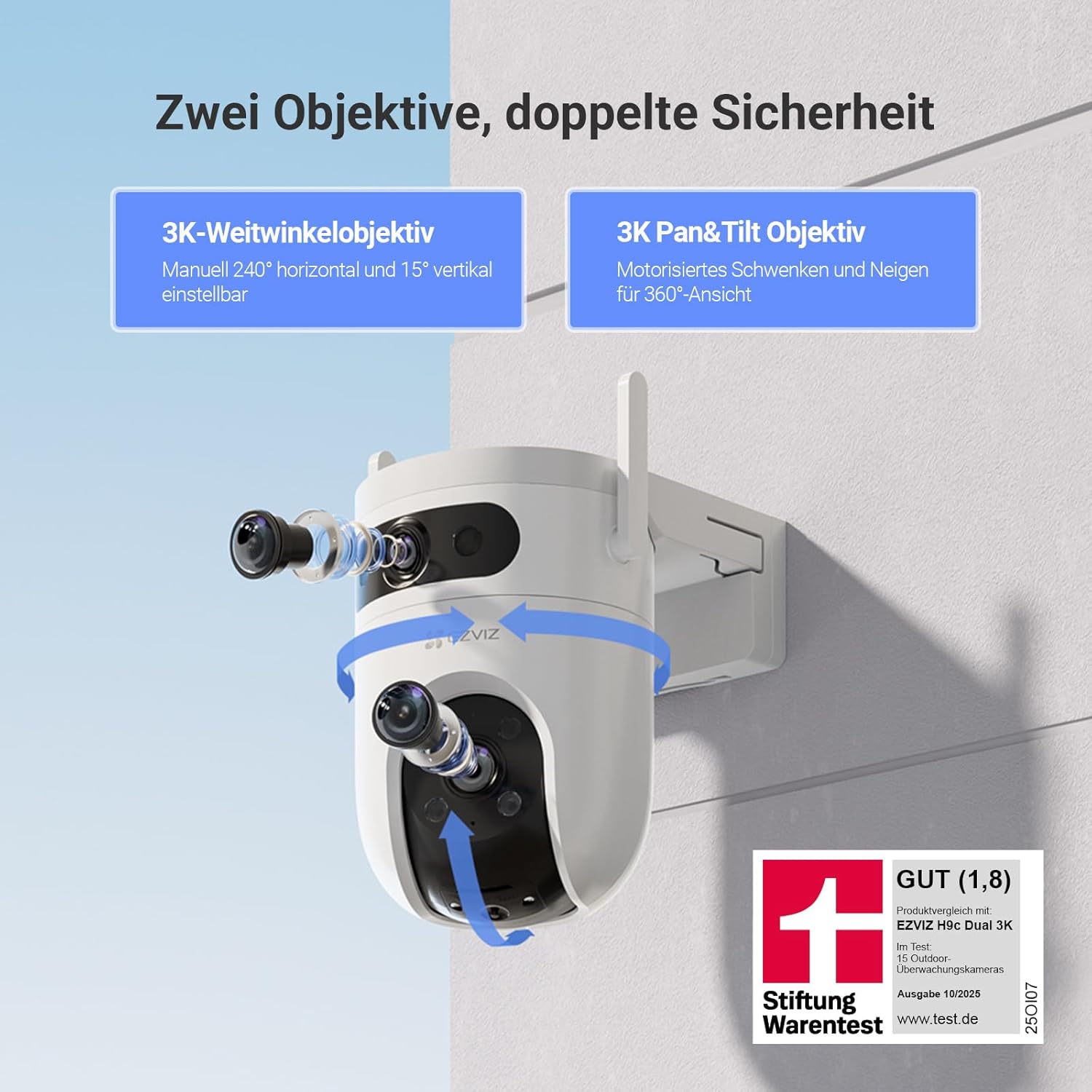 Detalle 2 de EZVIZ H9c Dual 3K (5MP+5MP) WLAN-Außenkamera mit Dual-Lens, 360° Pan & Tilt und KI-Erkennung