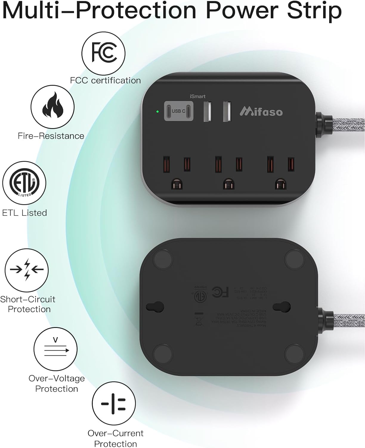 Thumbnail 6 de Travel Essentials: Mifaso Power Strip with USB, 5ft Flat Plug Extension (3 Outlets, 4 USB Ports) — Non-Surge, Cruis Ship & Dorm Ready