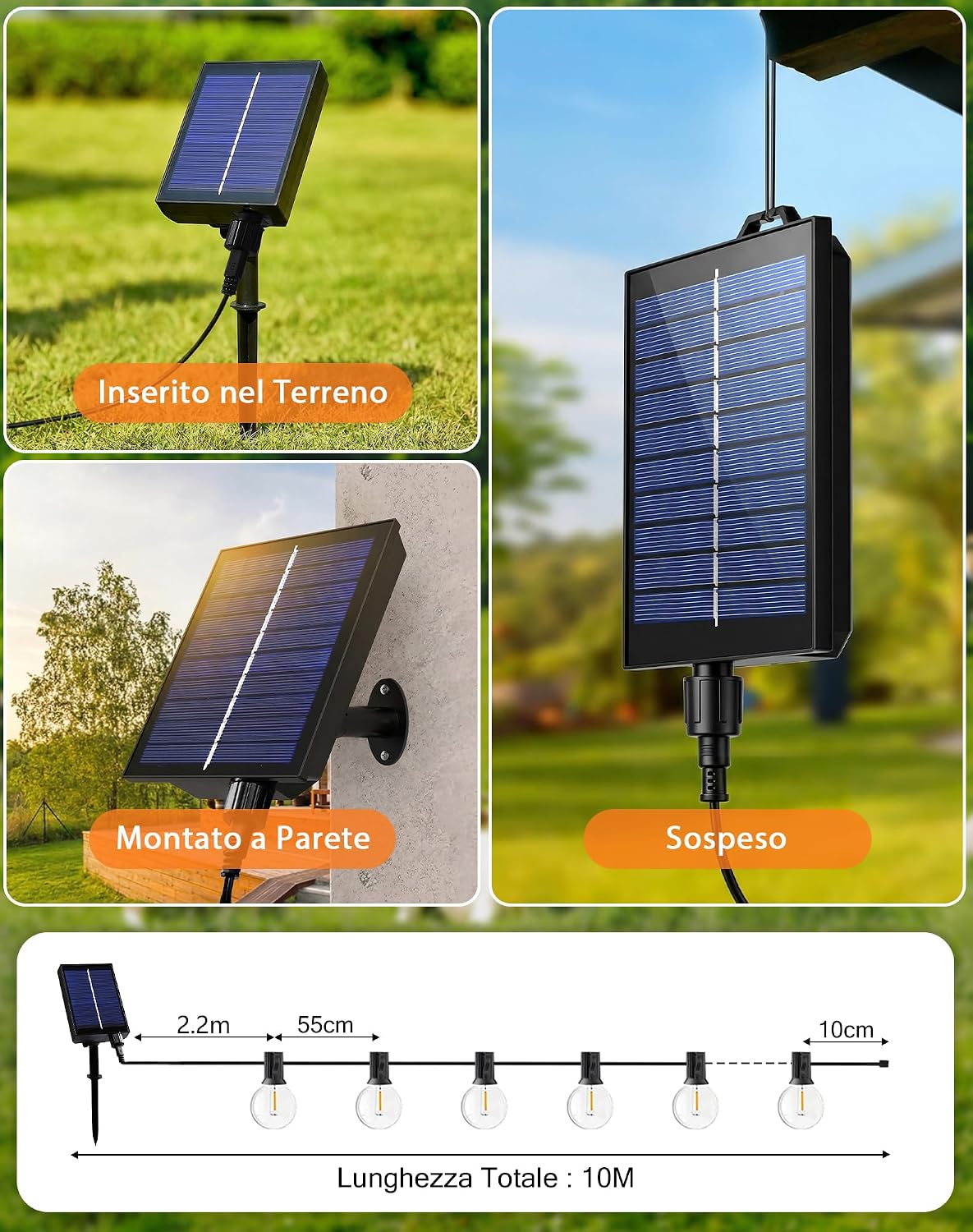Detalle de Rovlak Catena Luminosa Esterno Solare 10M con 15+1 LED G40 – 8 modalità, controllo luminosità e ricarica USB