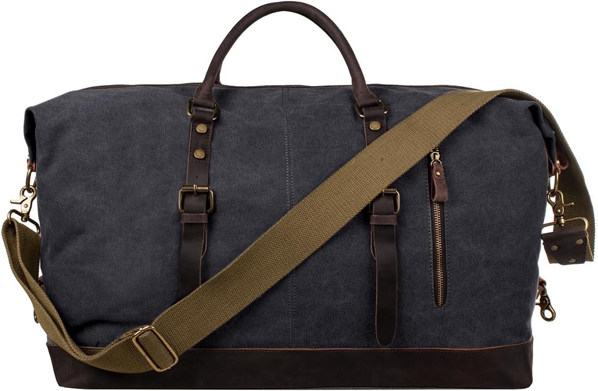 Detalle de S-ZONE Reisetasche 60L Vintage Canvas mit Crazy Horse Leder-Rand – Unisex Weekender