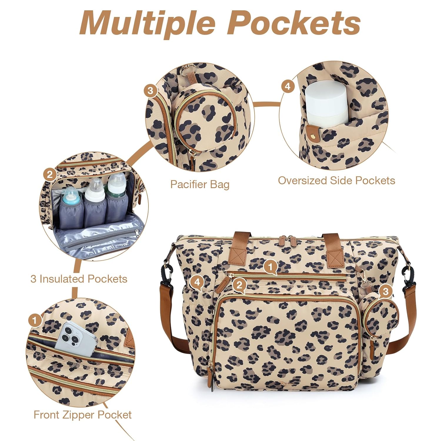 Detalle de Tonyeee Wickeltasche mit Schnullertasche, Wickelunterlage und isolierten Fächern – multifunktionaler Wickelrucksack (Leopard)