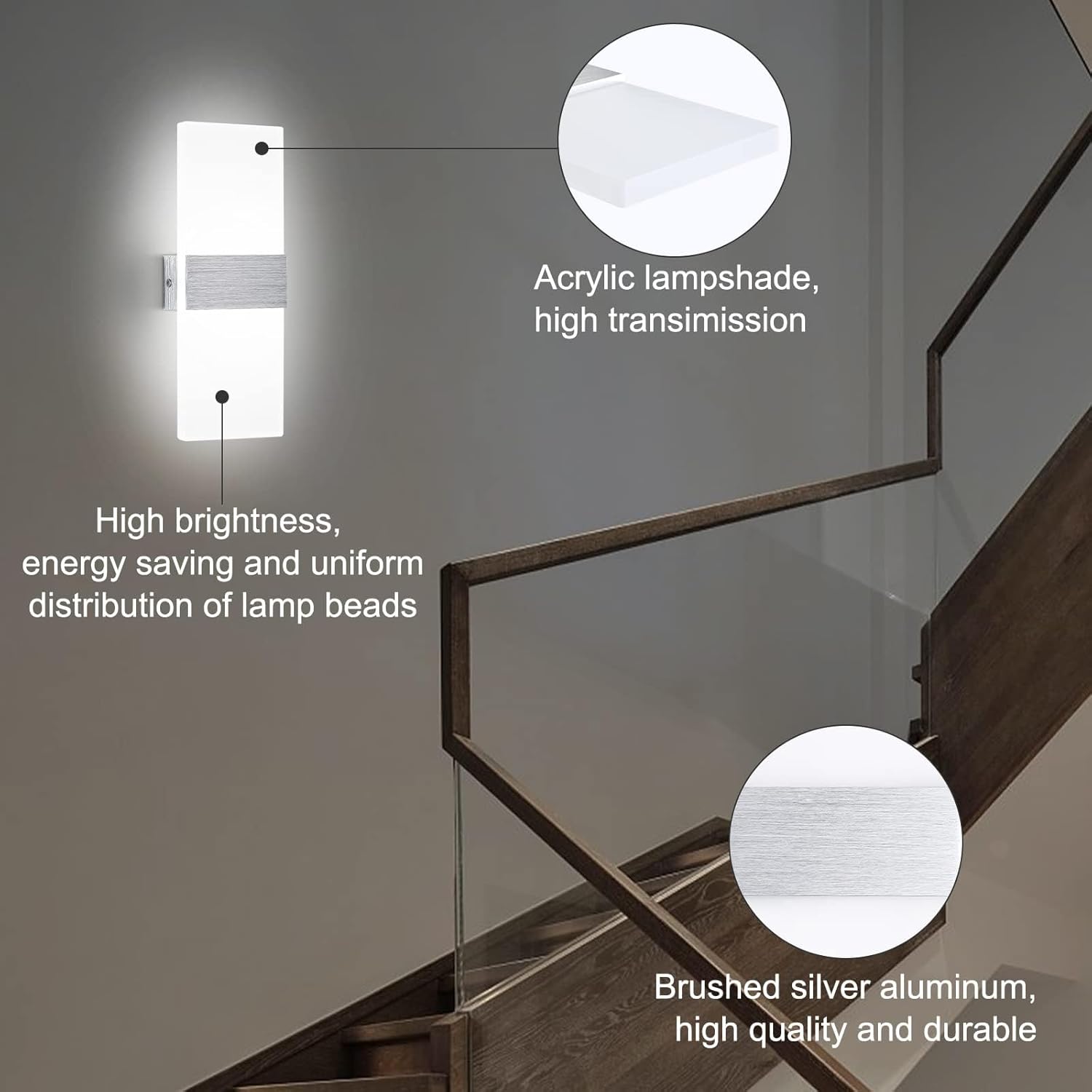 Detalle de Lightsjoy 12W LED Wandlampe Innen – klare, blendfreie Beleuchtung für Flur, Wohnzimmer und Schlafzimmer