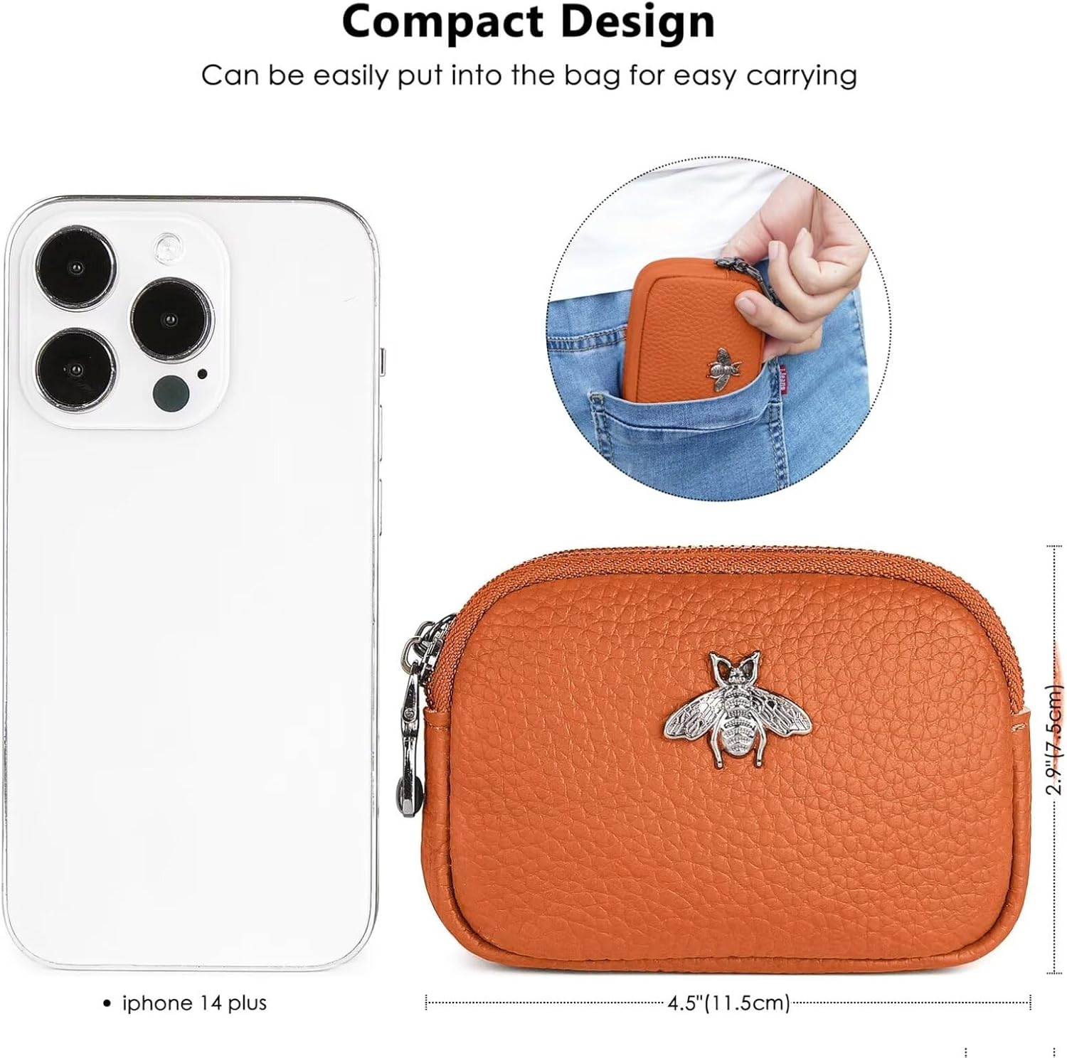 Thumbnail 4 de MAVHVAM Ladies Genuine Leather Small Purse: Compact Orange Double‑Zip Coin Wallet