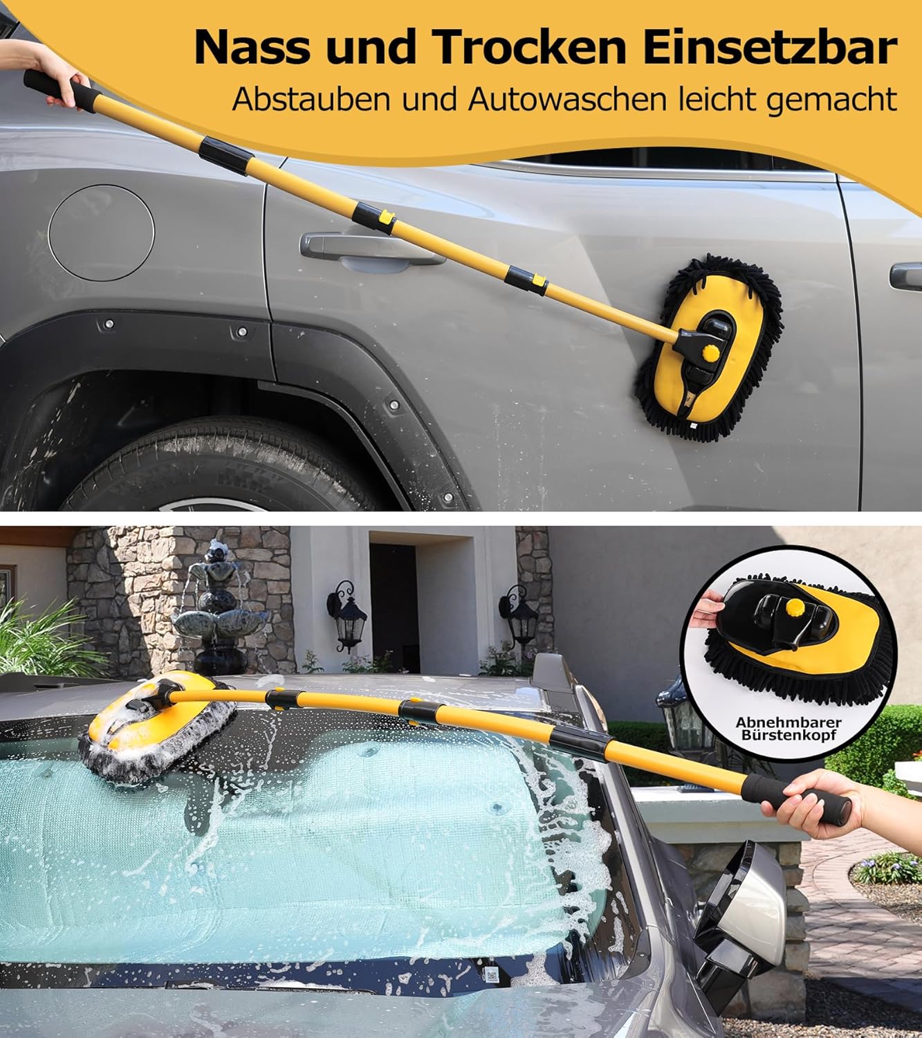 Thumbnail 4 de anngrowy 15° Bogen Autowaschbürste mit Stiel (144 cm) – Teleskop-Waschbürste mit 2 Mop-Köpfen