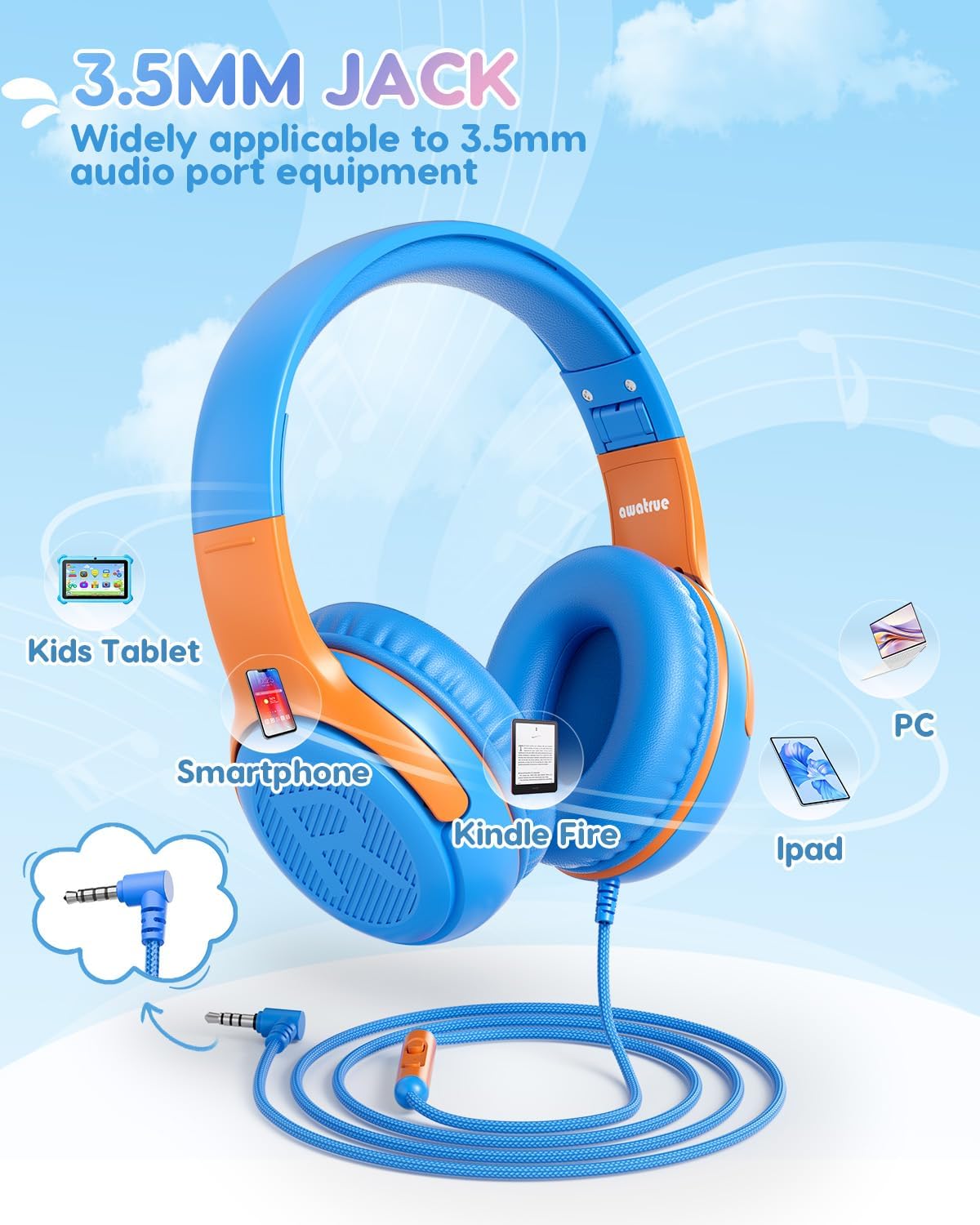 Thumbnail 5 de Awatrue Kids Wired Headphones with Mic (85/94dB limit, 3.5mm, foldable) – Orange/Blue