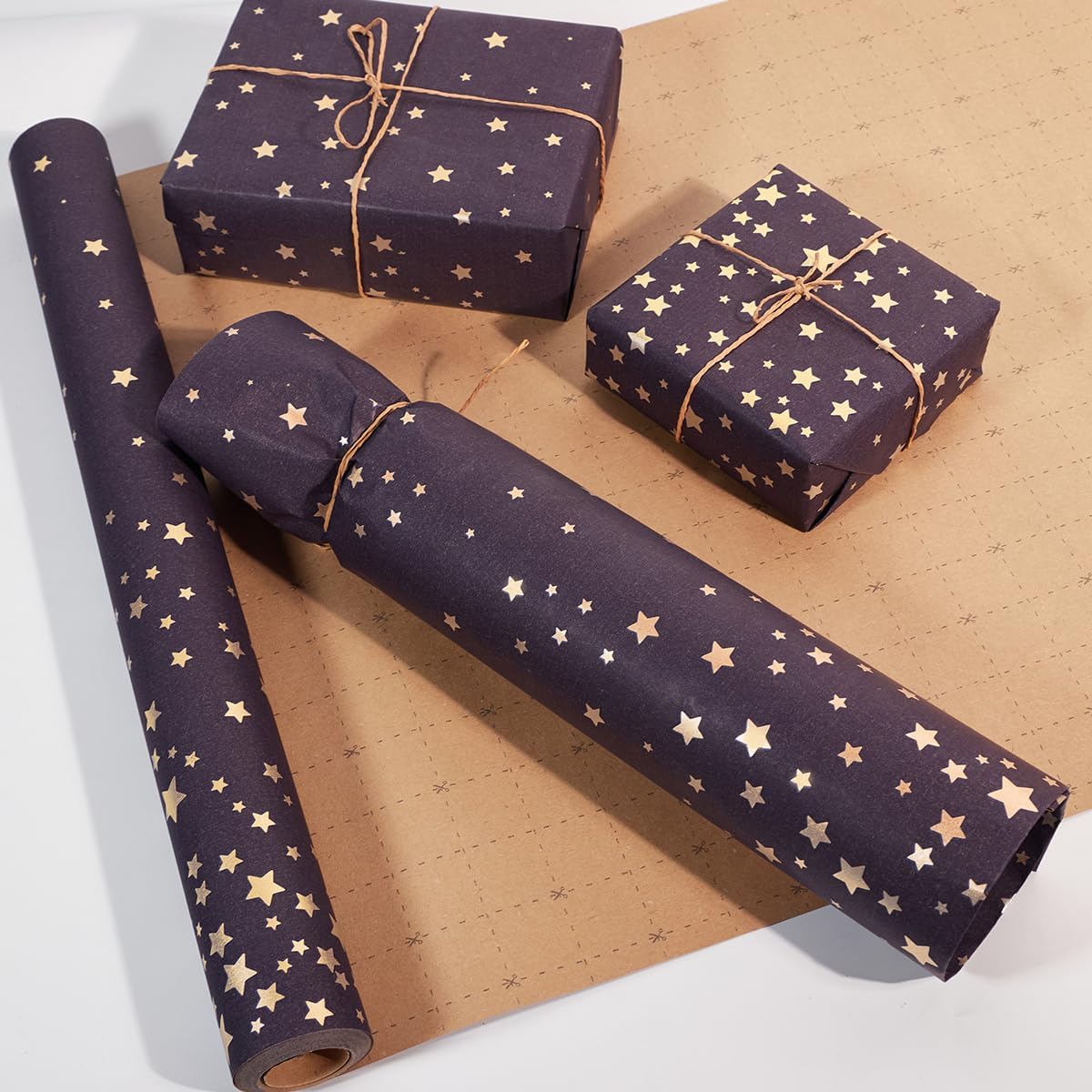 Thumbnail 3 de Birthday Wrapping Paper Roll 43cm x 10m (Blue Kraft with Gold Stars)