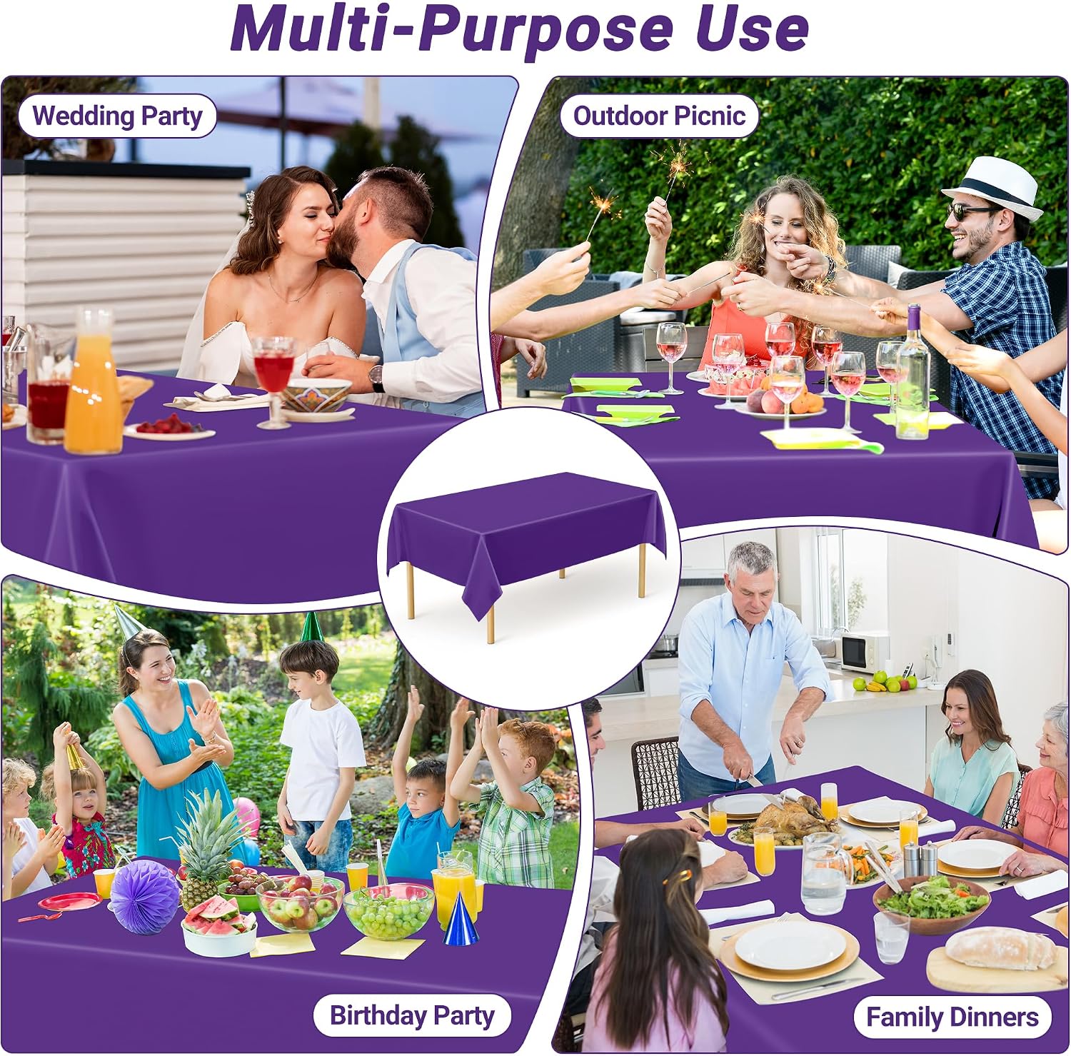 Thumbnail 5 de QZYL 4 PCS Plastic Table Cloth, 54" x 108", Purple – Disposable Party Coverage for 6–8 Foot Tables