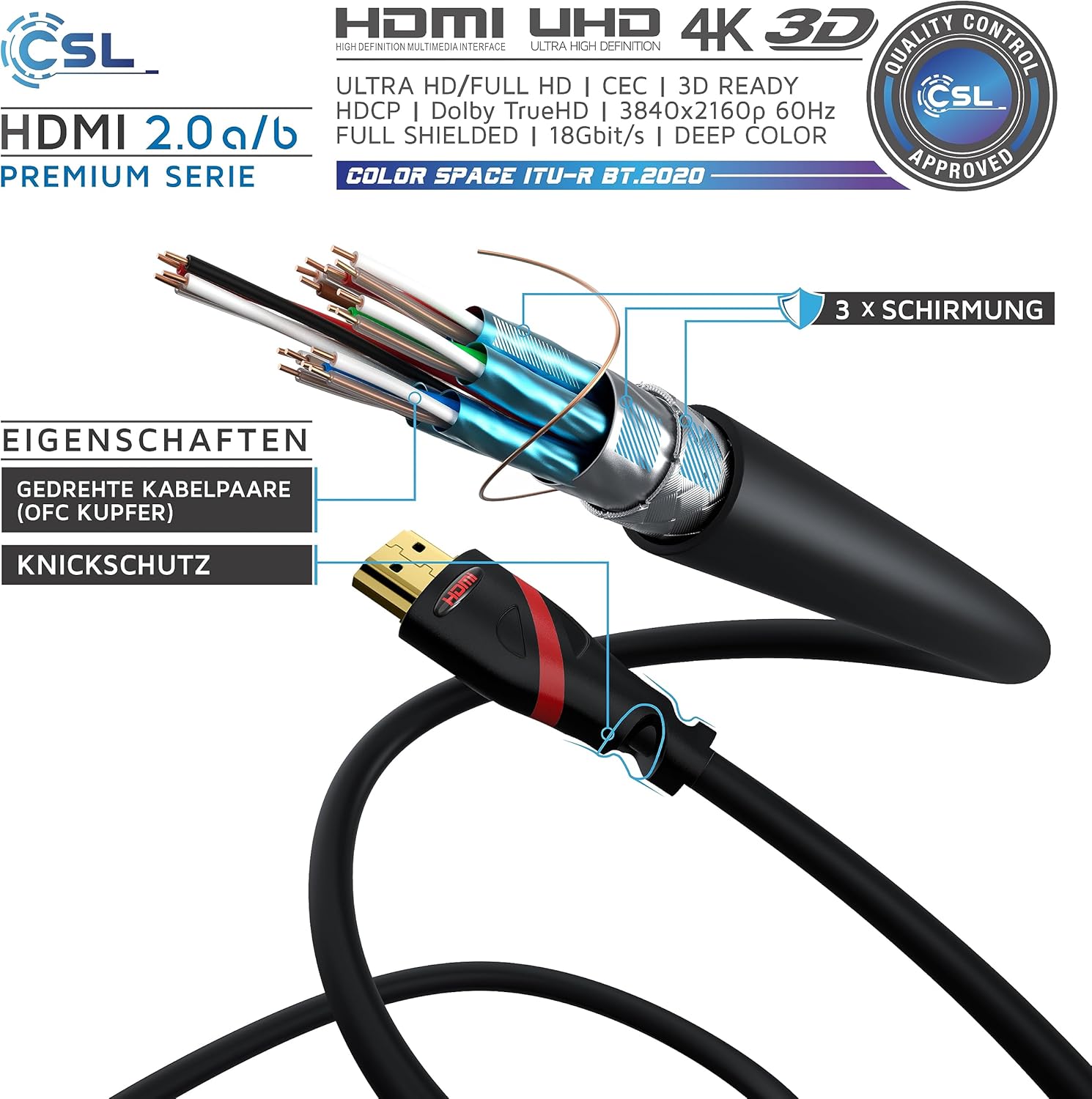 Thumbnail 2 de CSL 4k HDMI Kabel 7,5 m– HDMI 2.0b, 18 Gbit/s, HDR, ARC, 4k@60Hz, Full HD, 3D kompatibel