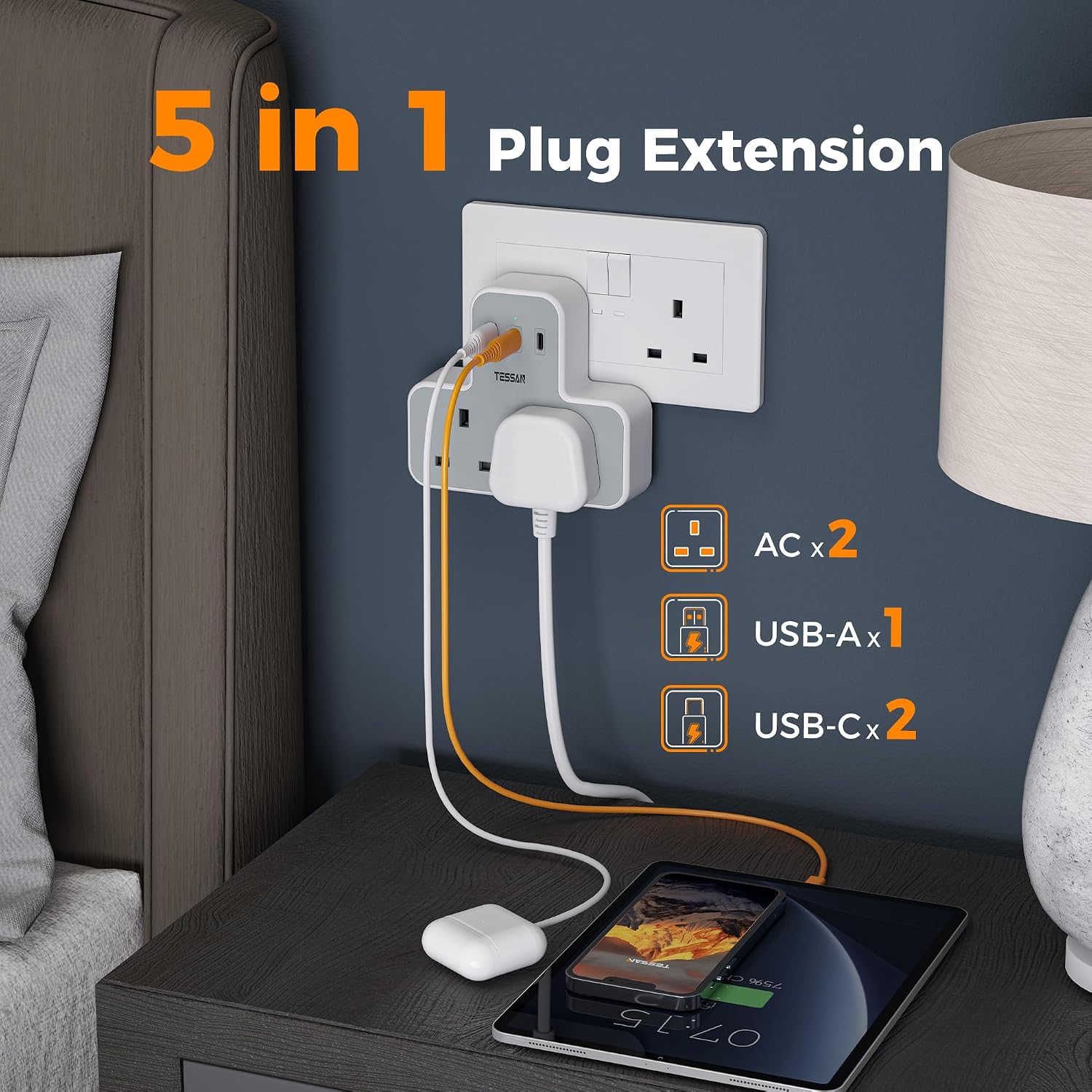 Detalle de TESSAN Double Plug Extension Socket with USB-C 1A 🔌