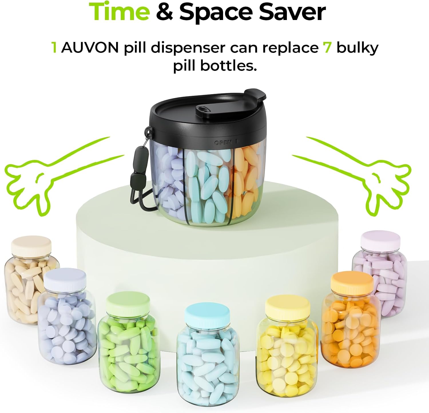 Detalle 1 de AUVON 7-Slot Pill Dispenser with Wide Opening and Secure Button