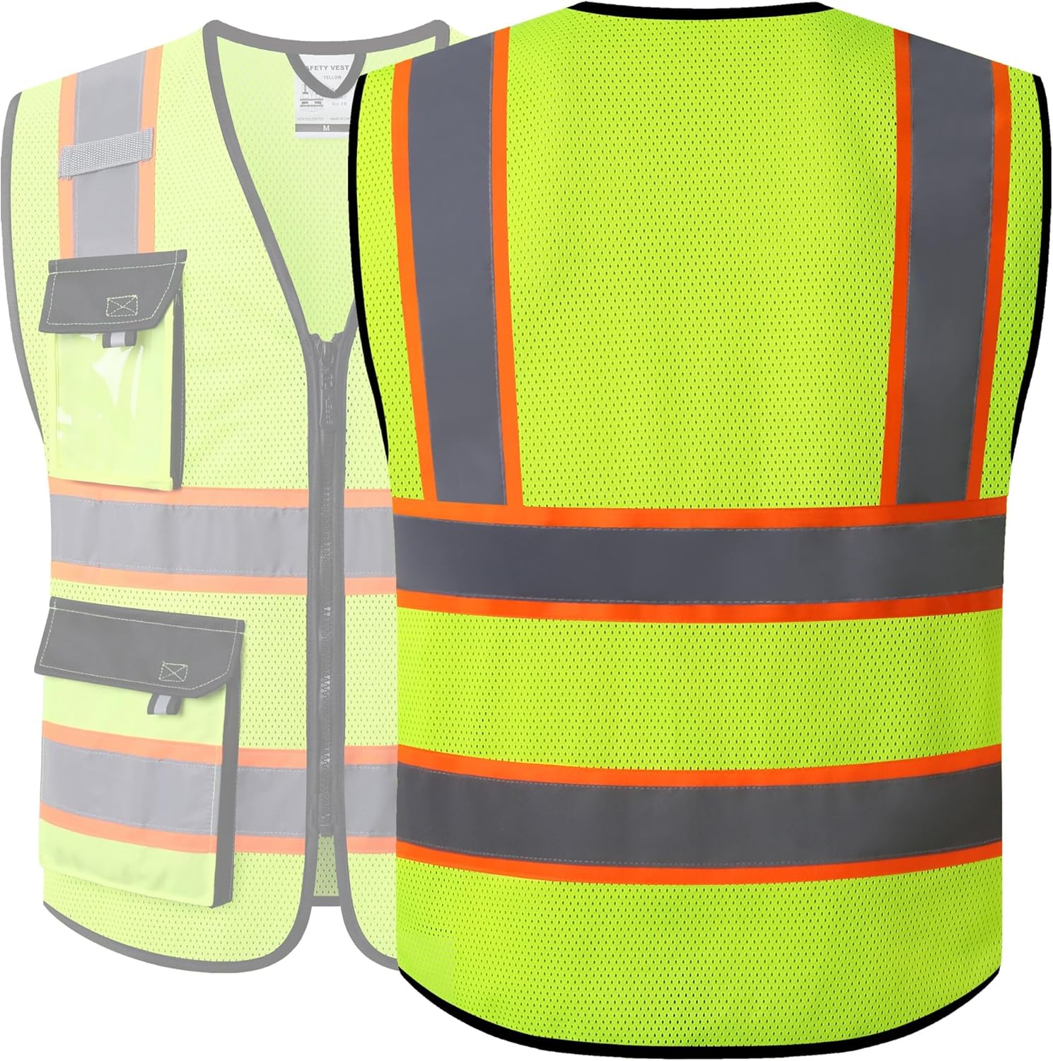 Detalle 1 de JKSafety JK220 Safety Vest, Yellow XL Mesh, Class 2, 5 Utility Pockets