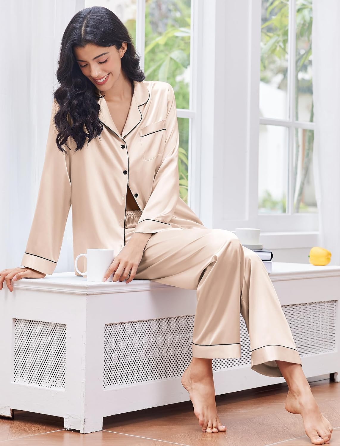 Thumbnail 3 de Ekouaer Women's Classic Button-Down Satin Pajama Set, Long Sleeve with Elastic Waist