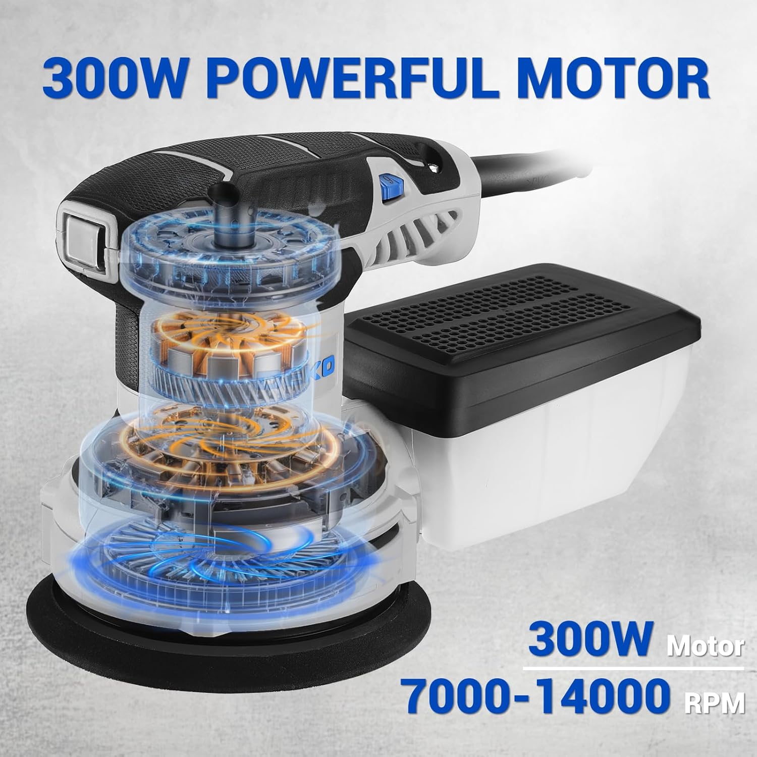 Thumbnail 6 de DEKOPRO Exzenterschleifer 125mm mit Absaugung, 300W – 6 Geschwindigkeiten, 16 Schleifpapierrollen, Hochleistungsabsaugung