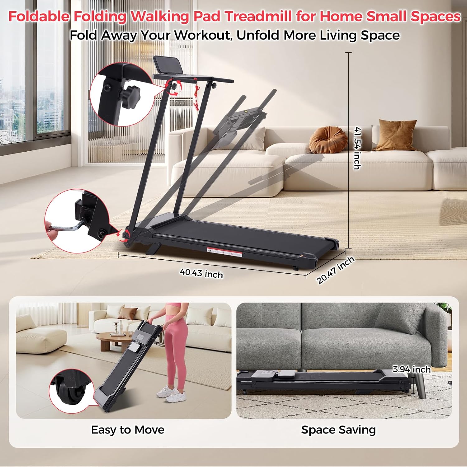 Thumbnail 4 de Kassadin 380AM-61L Folding Walking Pad Treadmill with Handle Bar, 3.5HP