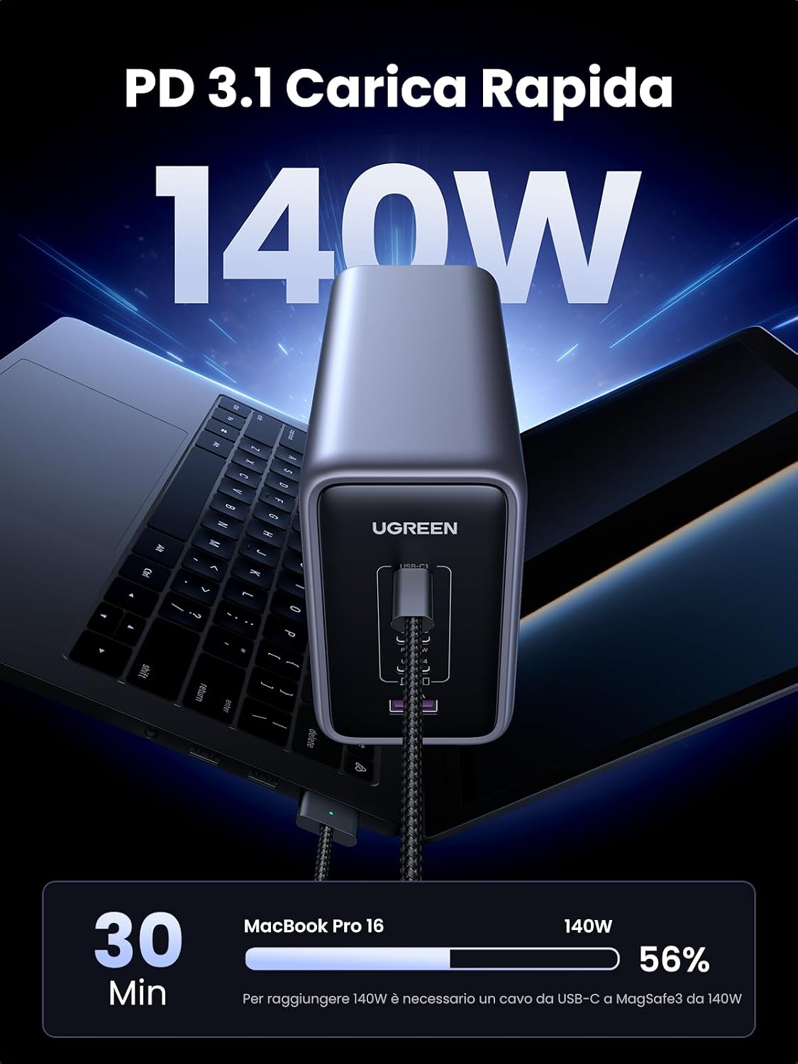 Detalle de UGREEN Nexode Caricatore USB C GaN 300W