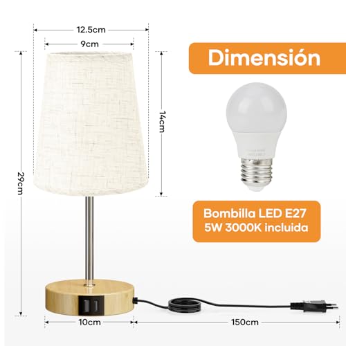Thumbnail 5 de Suright Lámpara de Mesita de Noche Táctil con Puertos USB A y USB-C (Bombilla LED incluida) – Diseño compacto y regulable