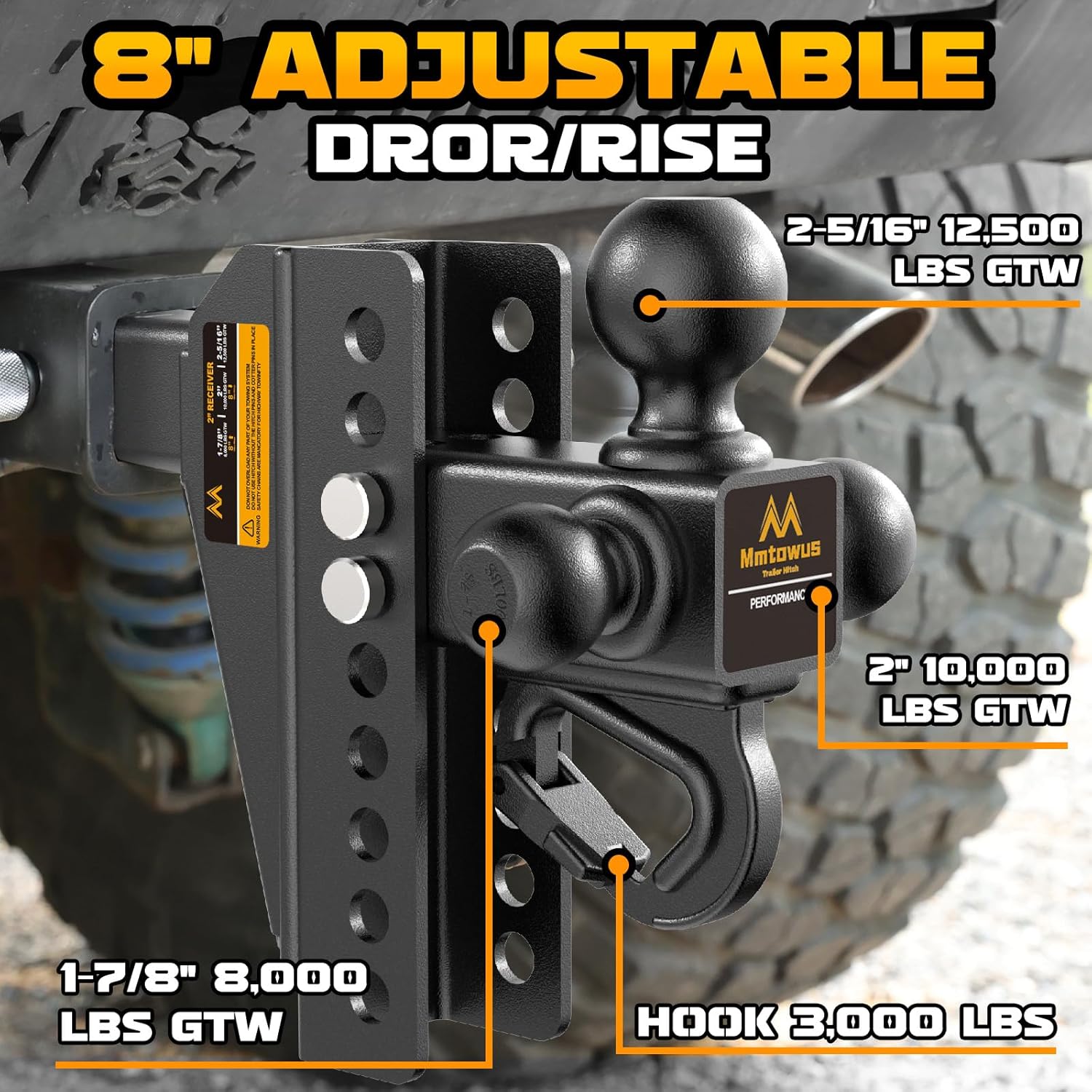 Detalle de Mmtowus Adjustable Trailer Hitch - Tri Ball Mount with Hook (1-7/8", 2", 2-5/16") for 2-Inch Receivers