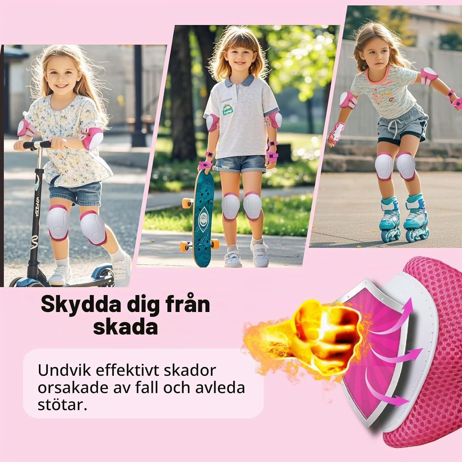 Detalle 2 de LUOJINYI knäskydd för barn, 6-delat set i rosa och vitt med kardborre