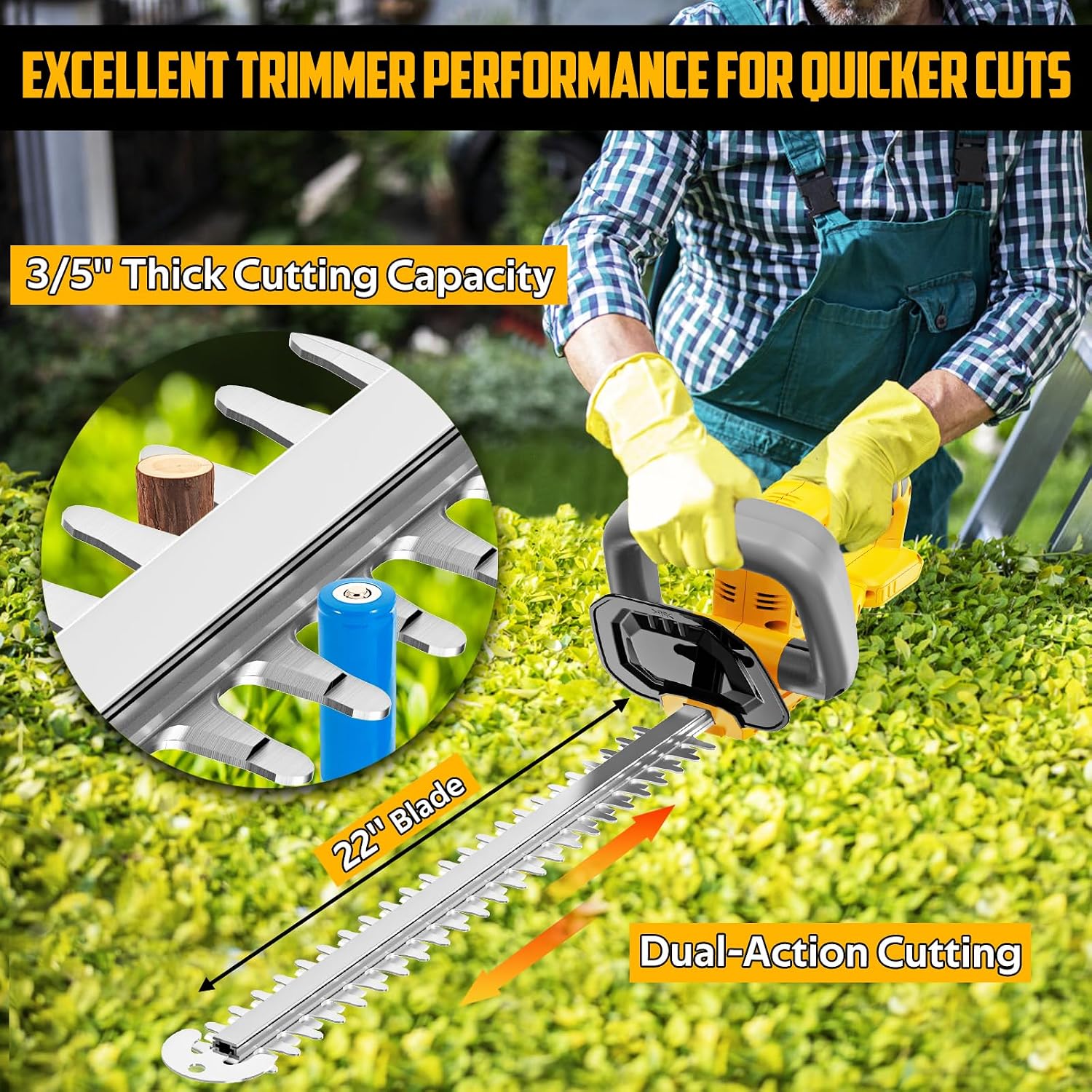 Detalle de TAIRDA Cordless Hedge Trimmer, 22-inch Dual-Action Blade, Brushless Motor