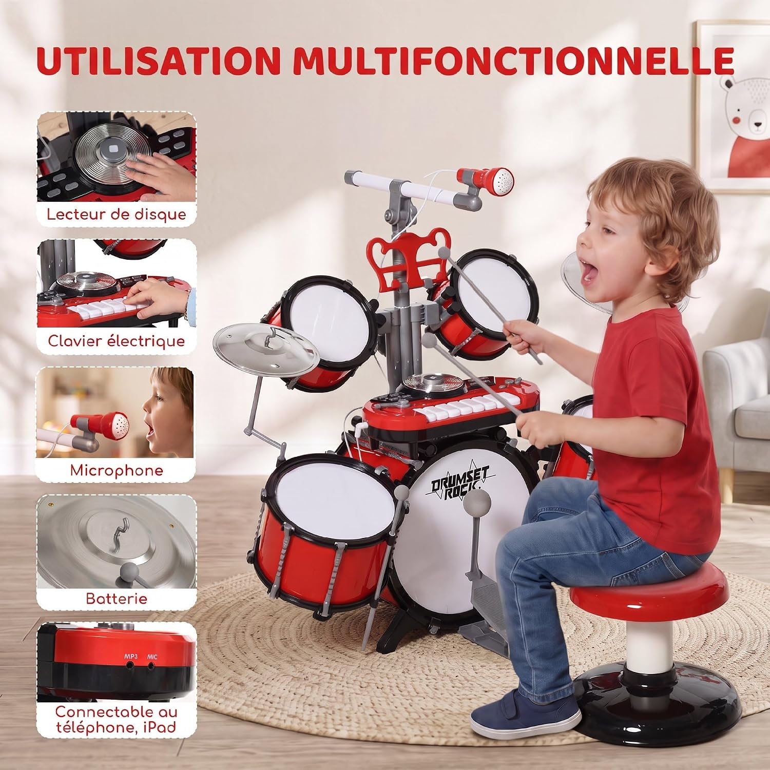 Thumbnail 3 de HOMCOM 390-022 drumstel voor kinderen met keyboard en microfoon, rood