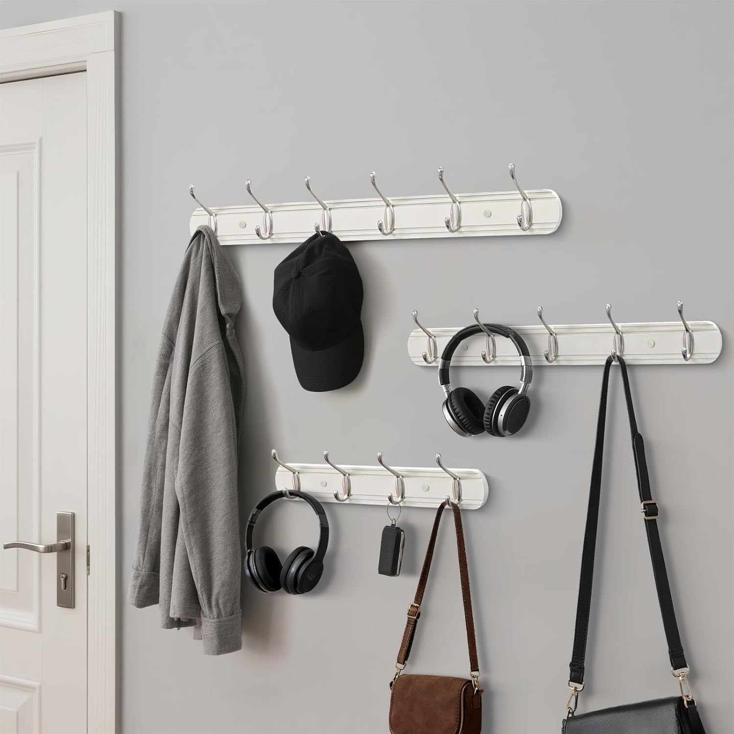 Thumbnail 3 de Yundoza Coat Hooks Wall Mount – Wood Bamboo with 4 Zinc Alloy Hooks (White & Brushed Nickel)