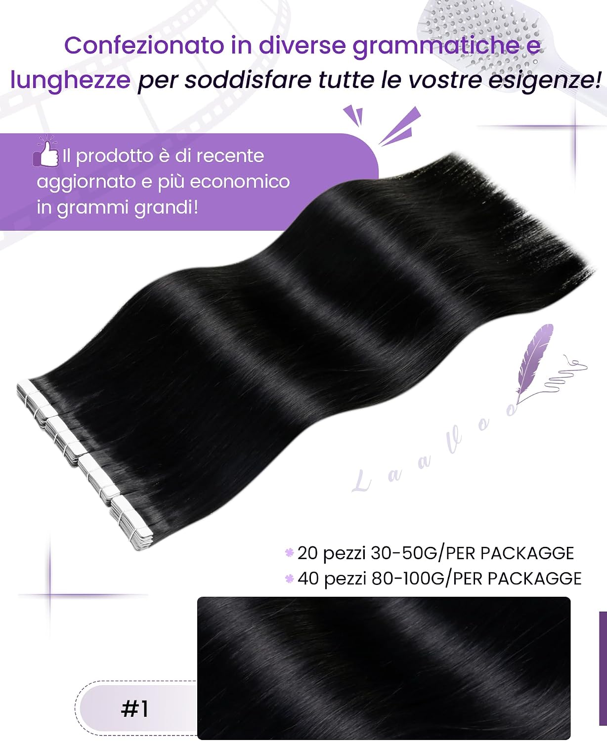 Detalle de LaaVoo Extension Capelli Veri Biadesivo 55 cm – 20 pz, Nero Naturale
