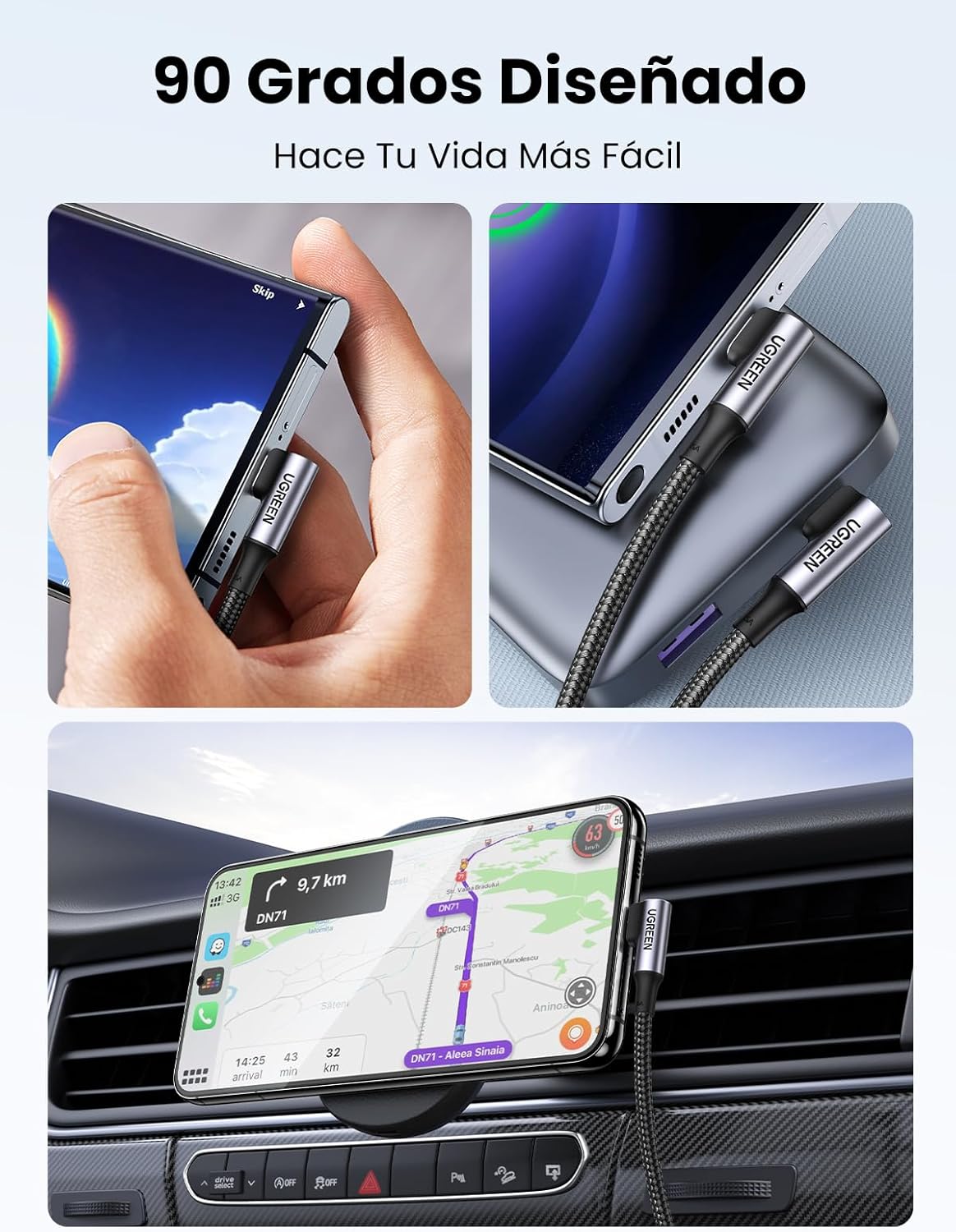 Detalle 2 de UGREEN Cable USB C PD 100W, Carga Rápida 90° ⚡