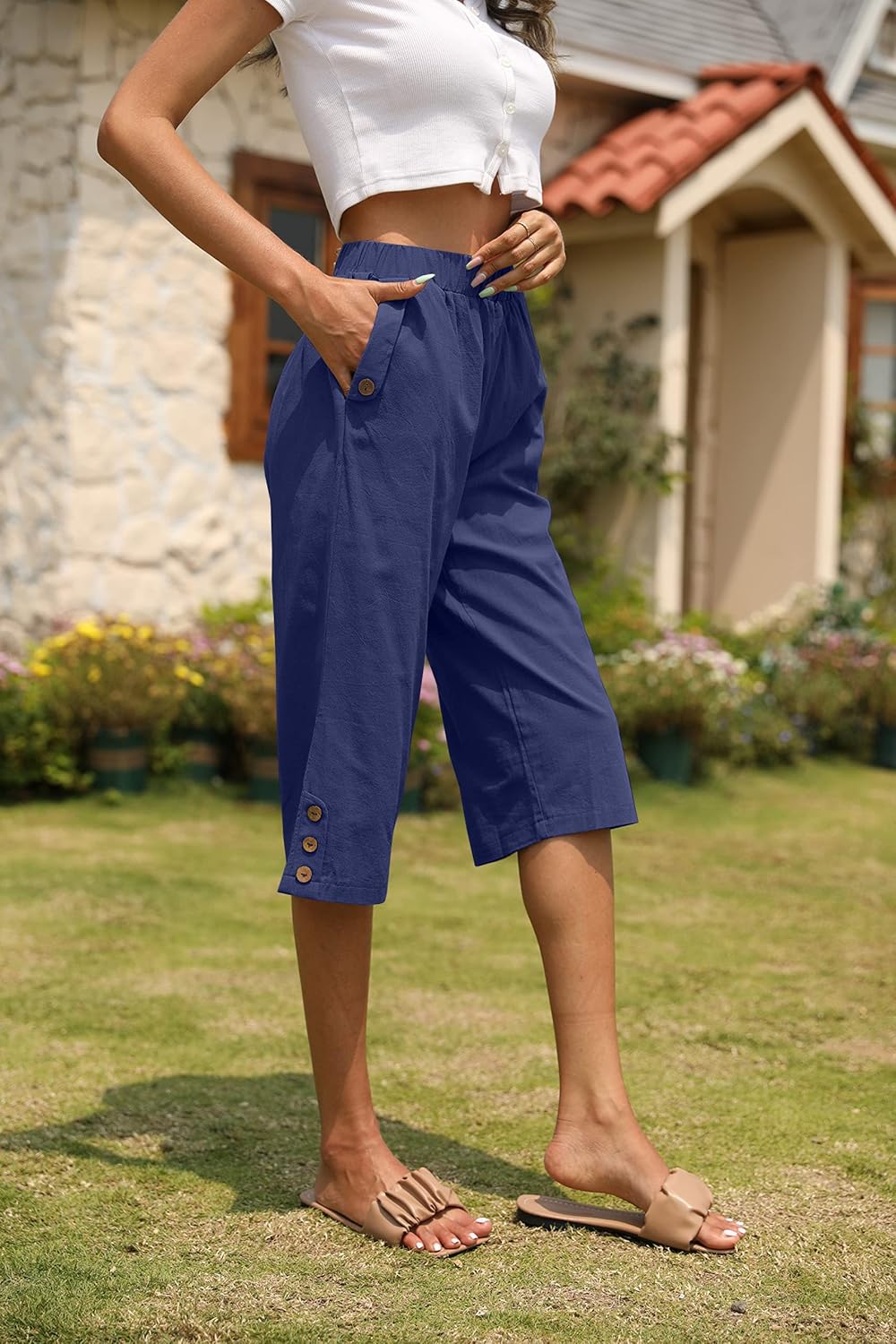 Detalle 2 de Veatzaer Women’s Elastic Waist 3/4 Capri Harem Pants with Pockets (S–XXL)