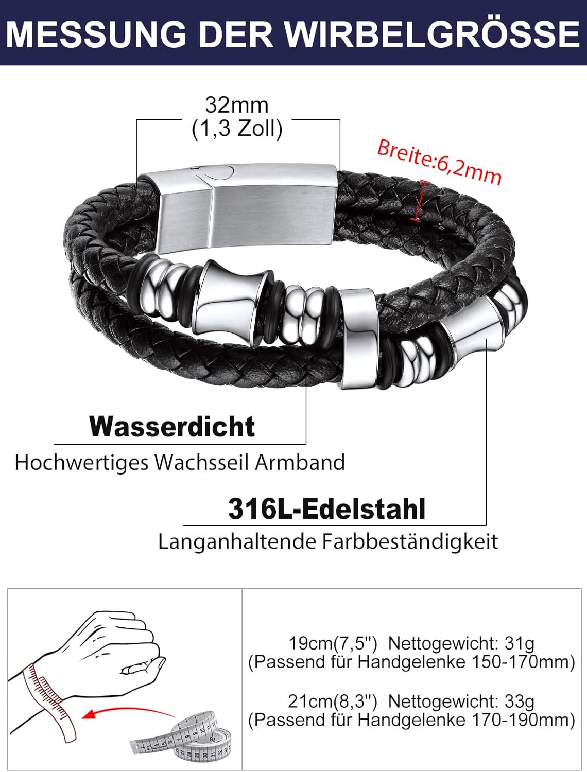Detalle de Bandmax Herren Lederarmband Personalisiertes Mikrofaser-Leder Wickelarmband mit Magnetverschluss – 19/21/23 cm