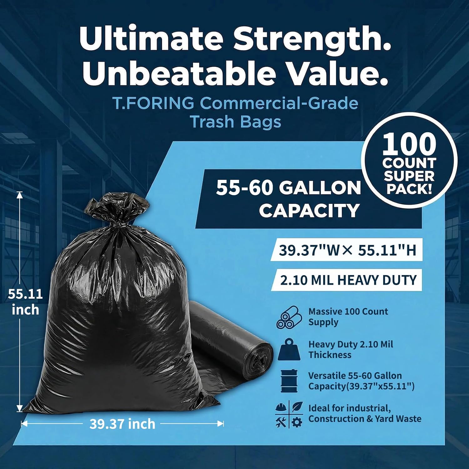 Detalle de T.FORING 55-60 Gallon Heavy Duty Trash Bags (2.1 Mil, 39" x 55", 100 Count) for Construction and Industrial Use