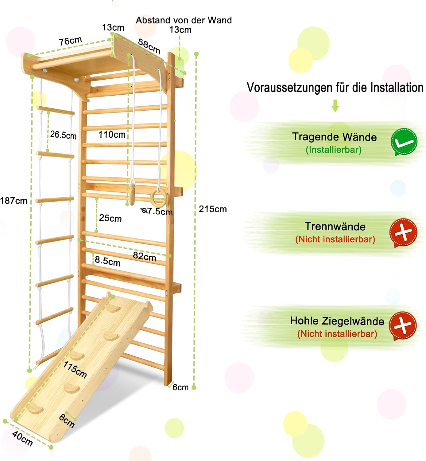 Detalle de LARS360 Multifunktions Sprossenwand Set – Holz-Klettergerüst für Kinder ab 3 Jahren